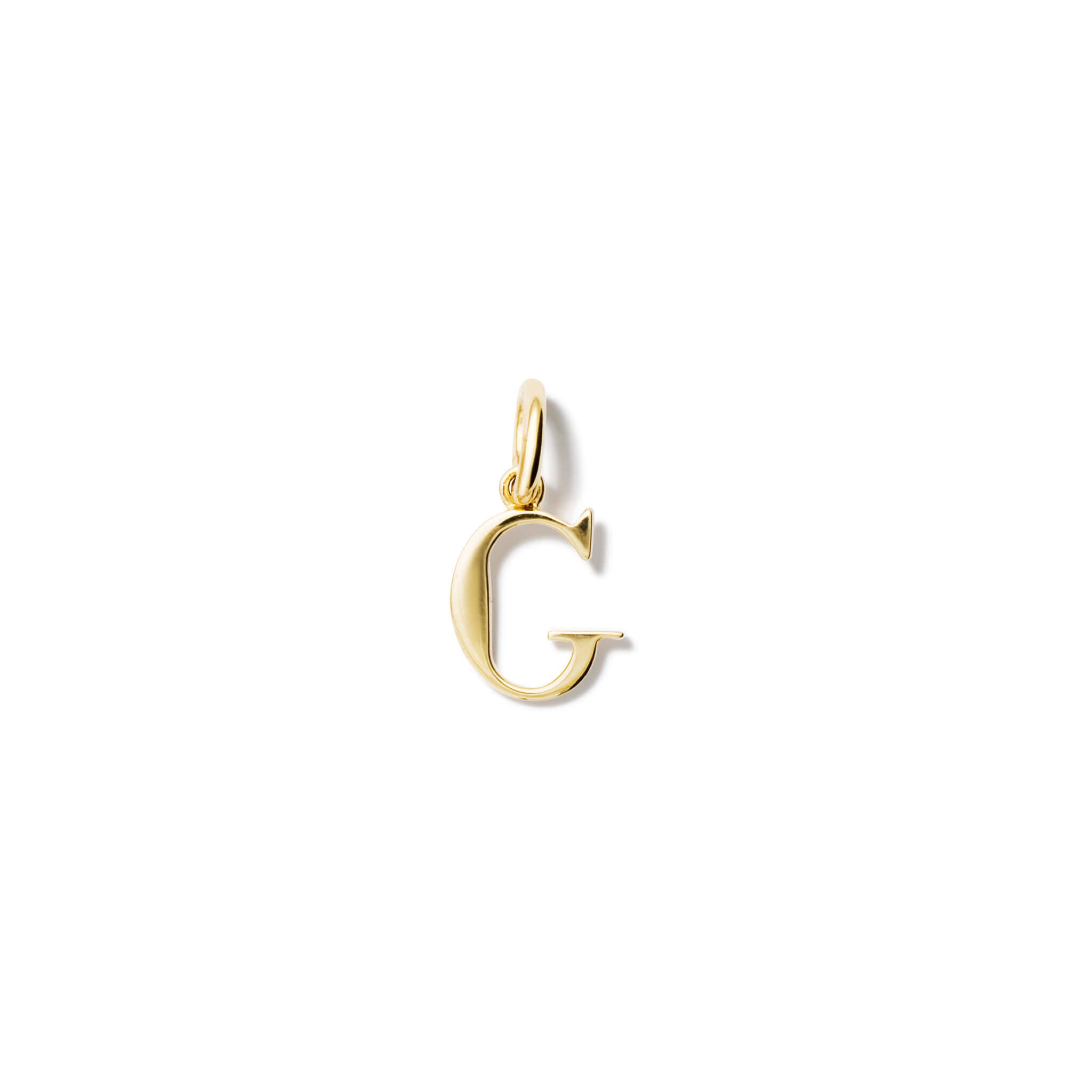 Handcrafted yellow gold initial G necklace pendant, with a loop at the top for chain attachment.