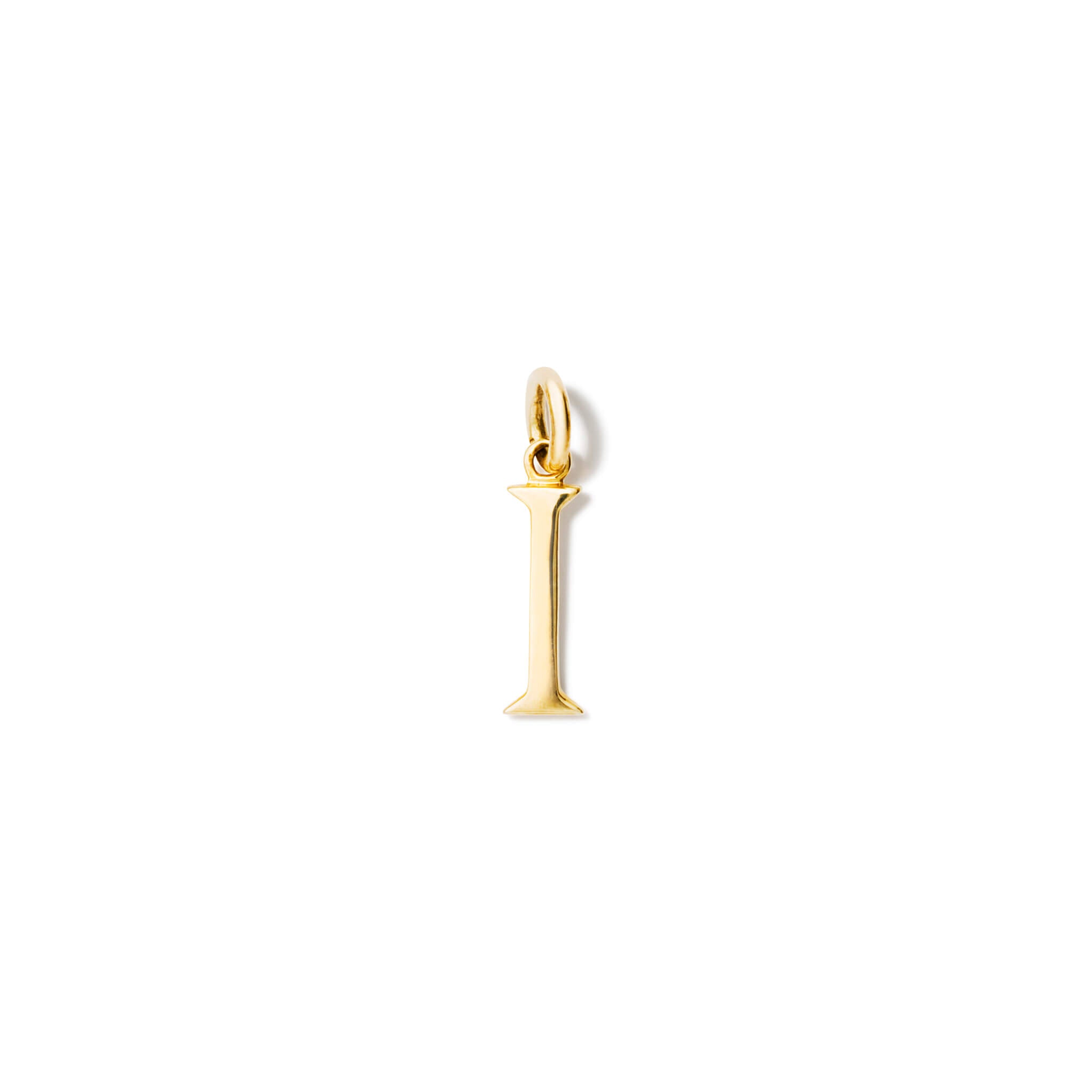 Handcrafted yellow gold initial I necklace pendant, with a loop at the top for chain attachment.