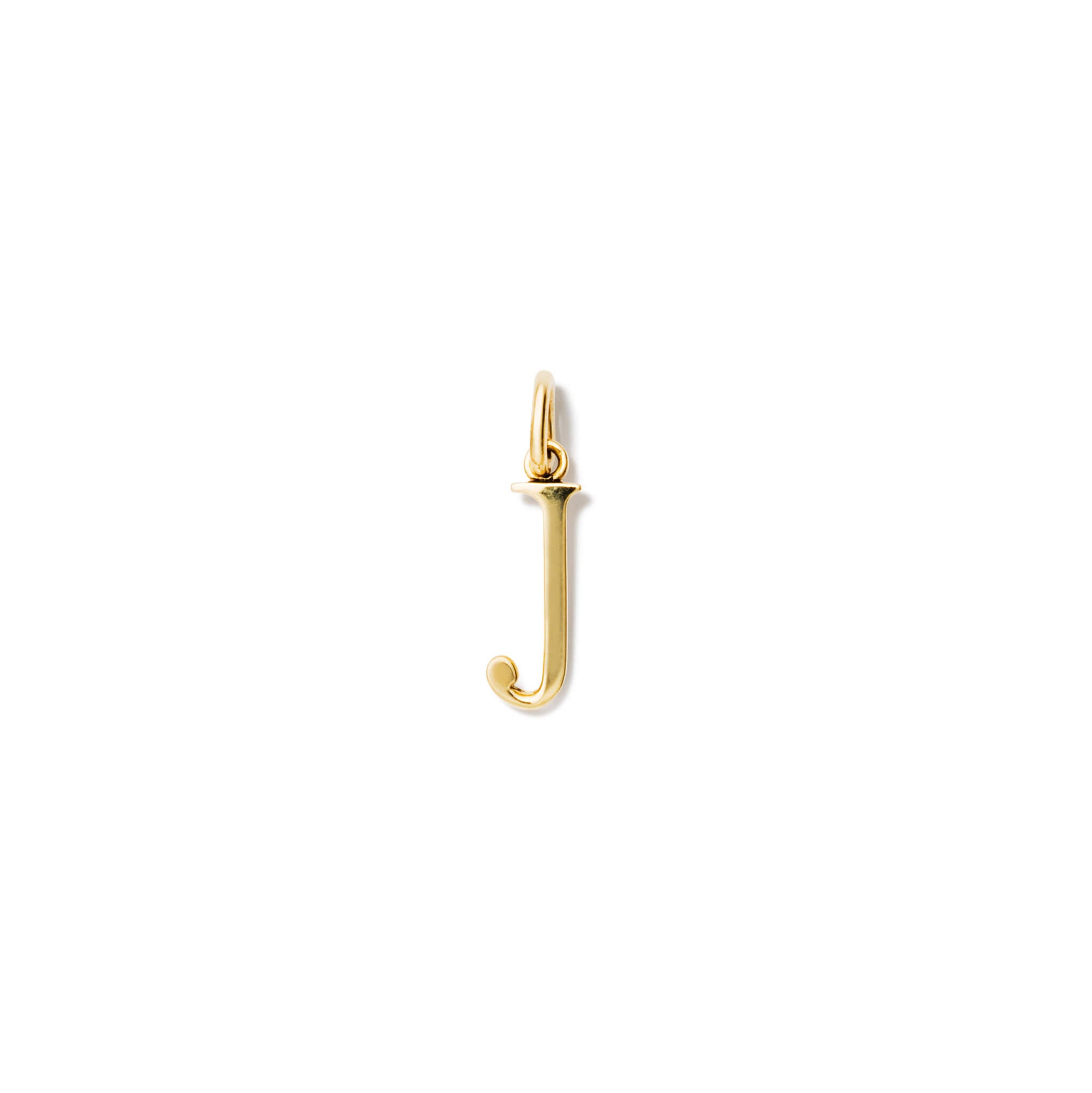 Handcrafted yellow gold initial J necklace pendant, with a loop at the top for chain attachment.