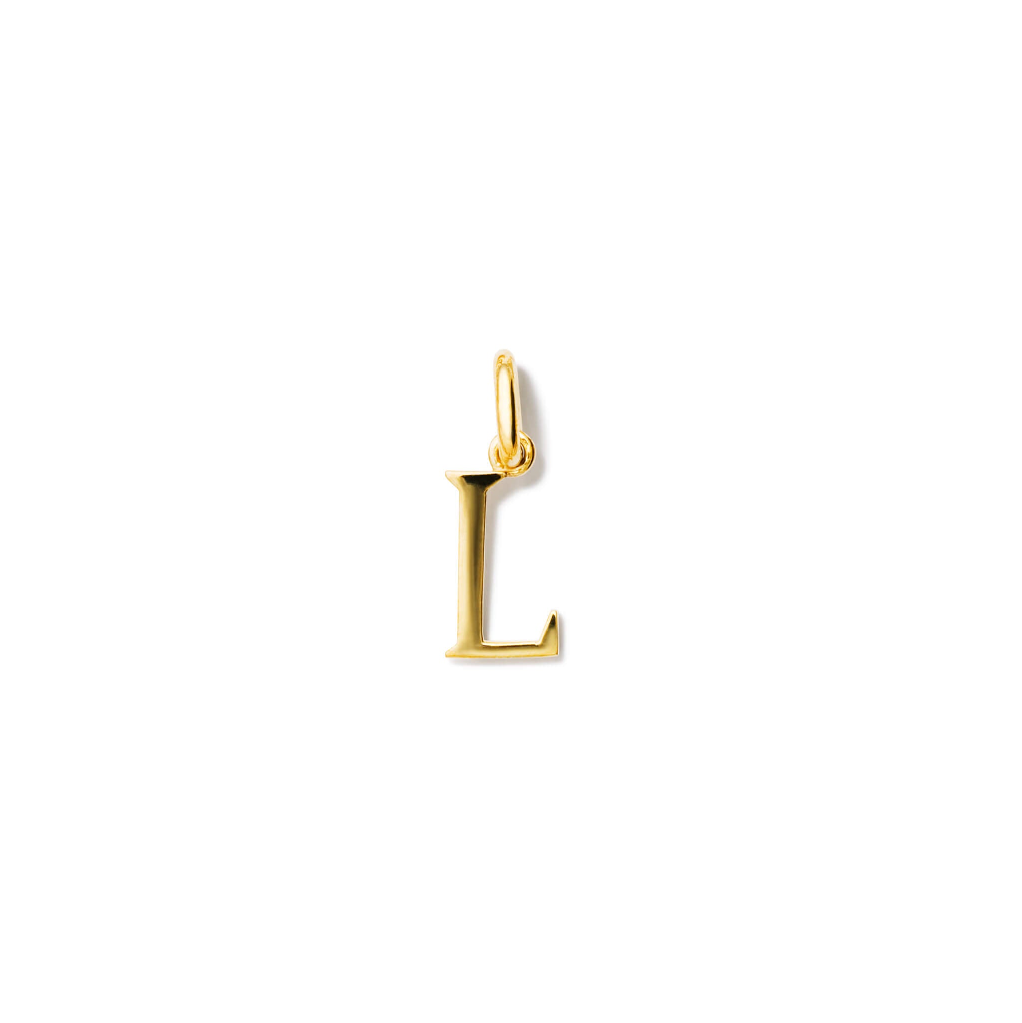 Handcrafted yellow gold initial L necklace pendant, with a loop at the top for chain attachment.