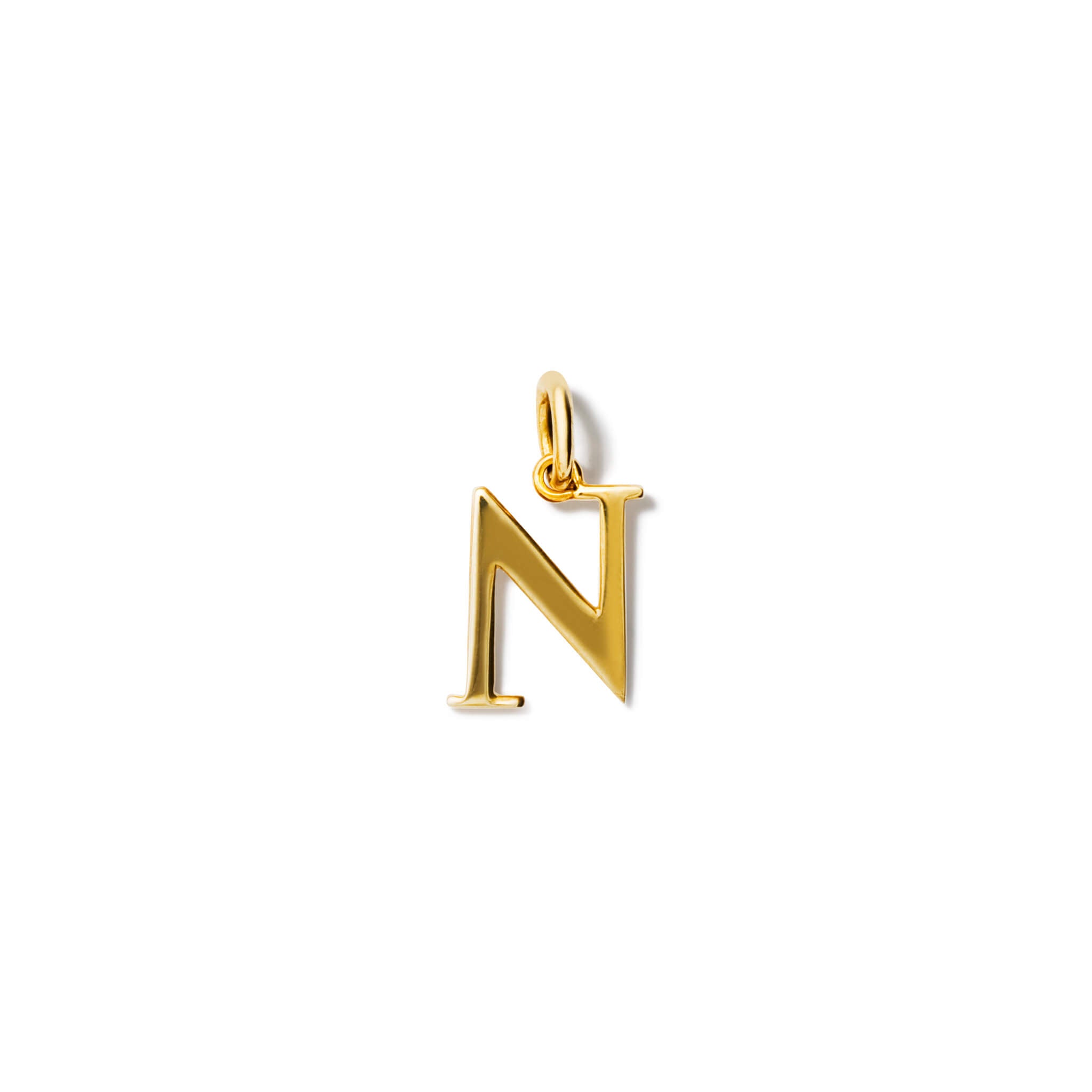 Handcrafted yellow gold initial N necklace pendant, with a loop at the top for chain attachment.