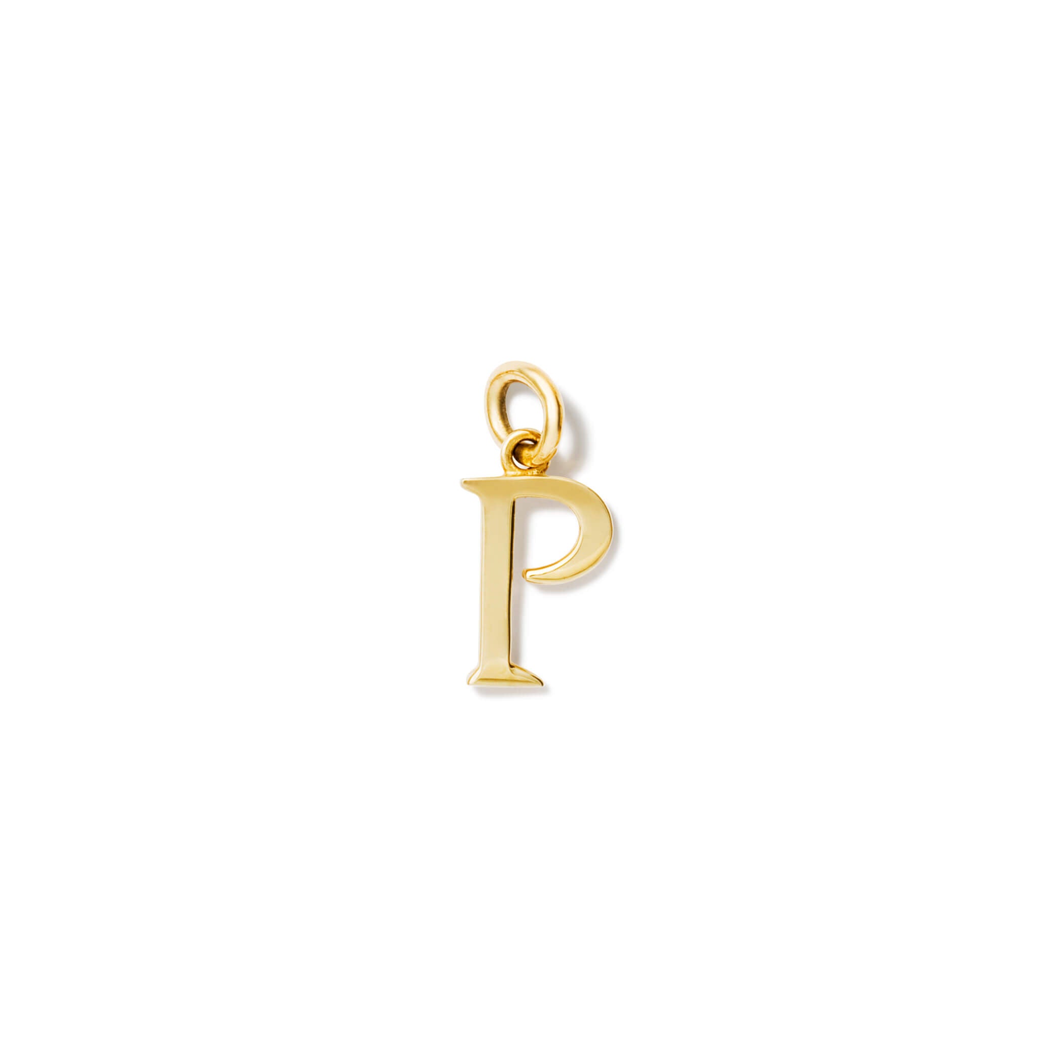 Handcrafted yellow gold initial P necklace pendant, with a loop at the top for chain attachment.