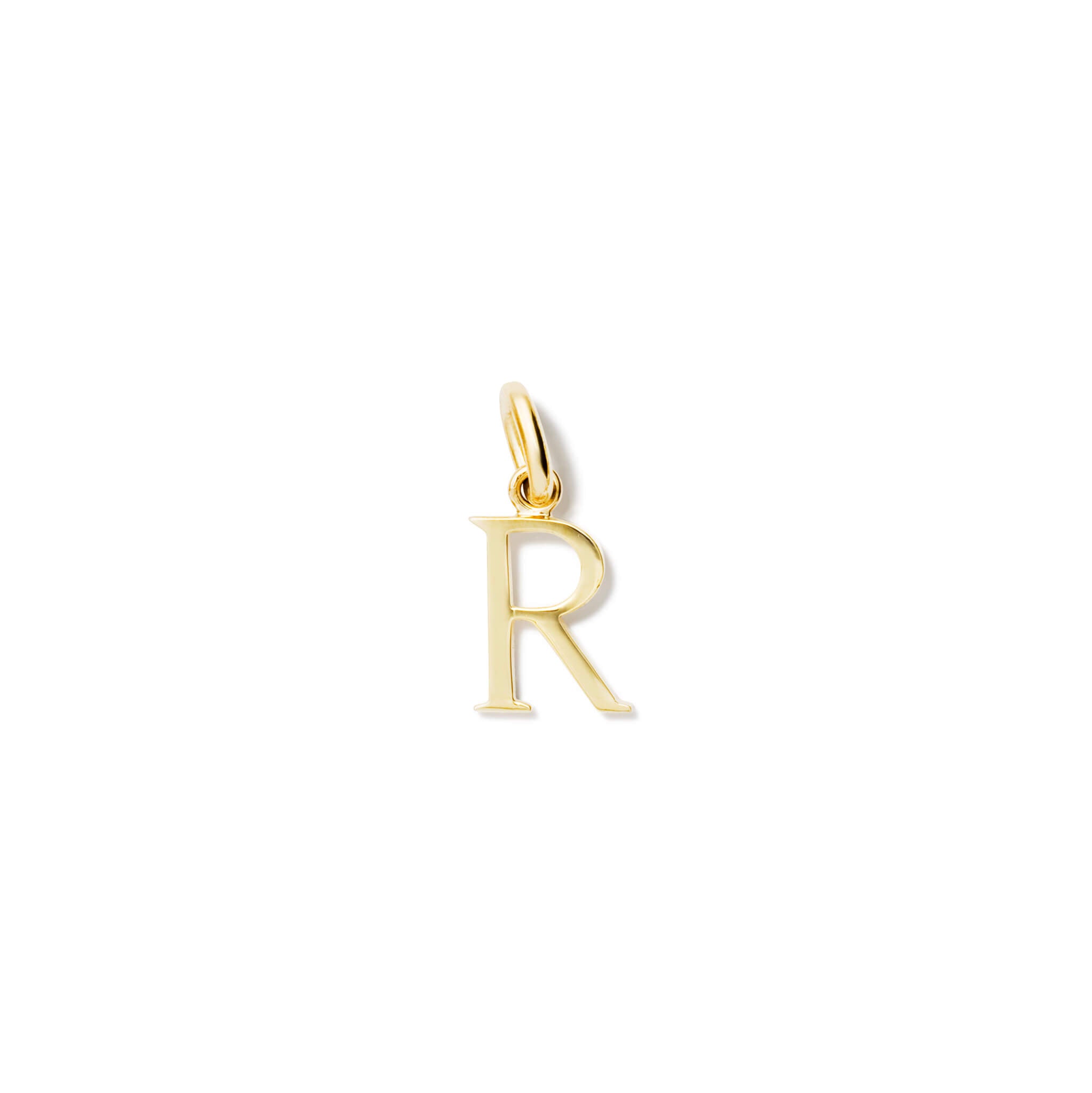 Handcrafted yellow gold initial R necklace pendant, with a loop at the top for chain attachment.