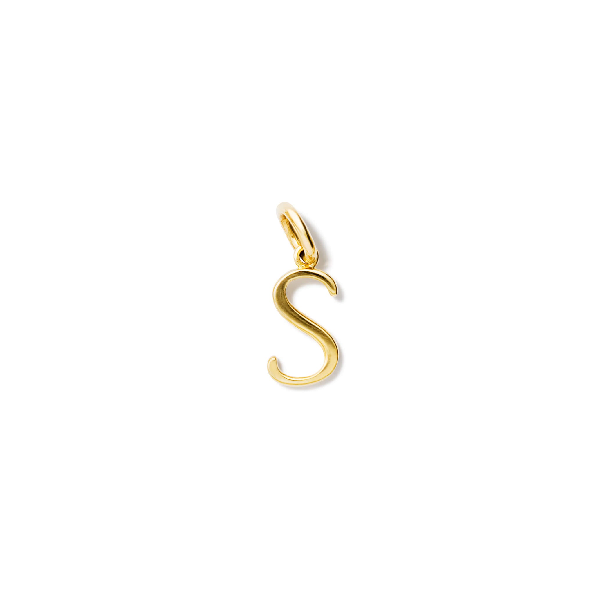 Handcrafted yellow gold initial S necklace pendant, with a loop at the top for chain attachment.