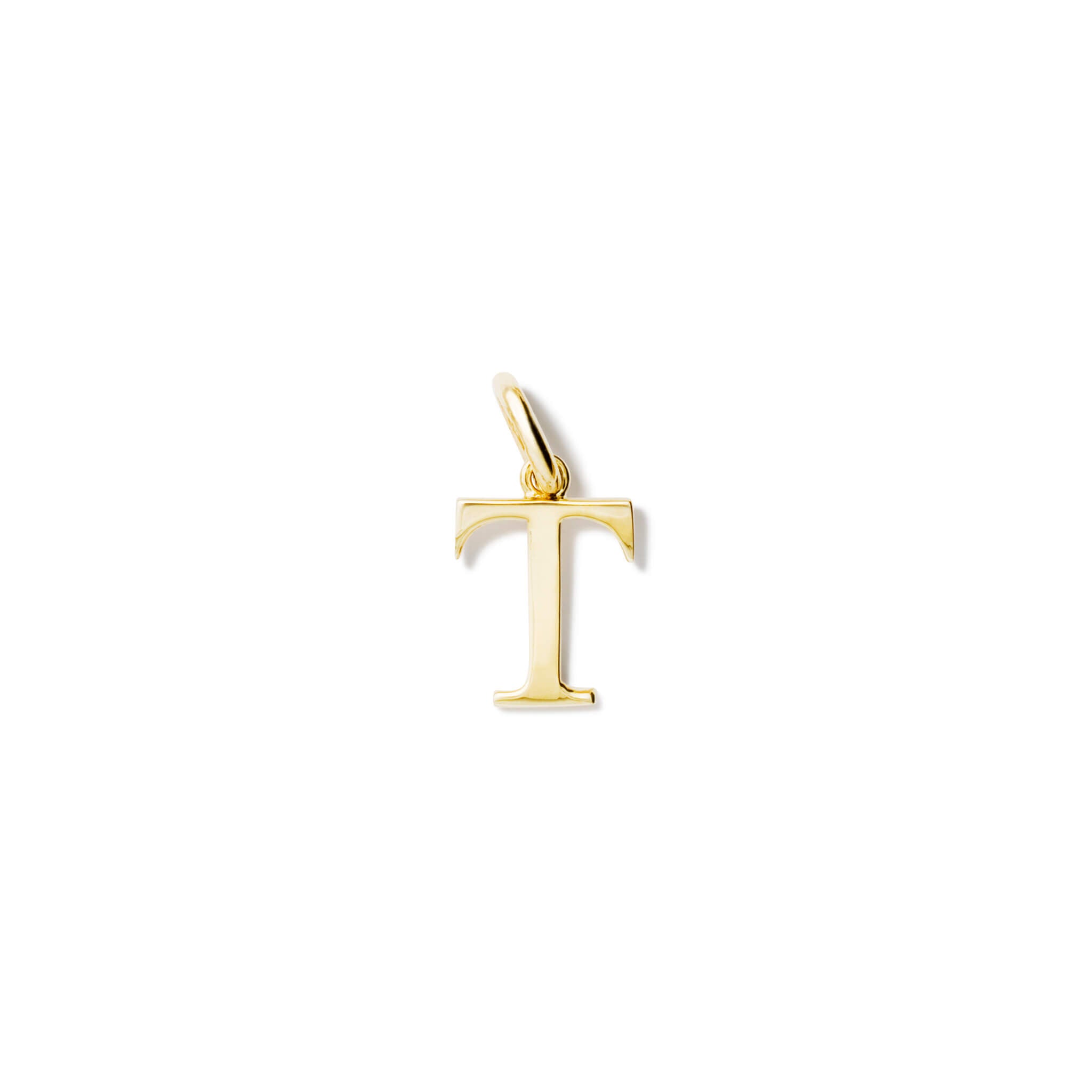 Handcrafted yellow gold initial T necklace pendant, with a loop at the top for chain attachment.