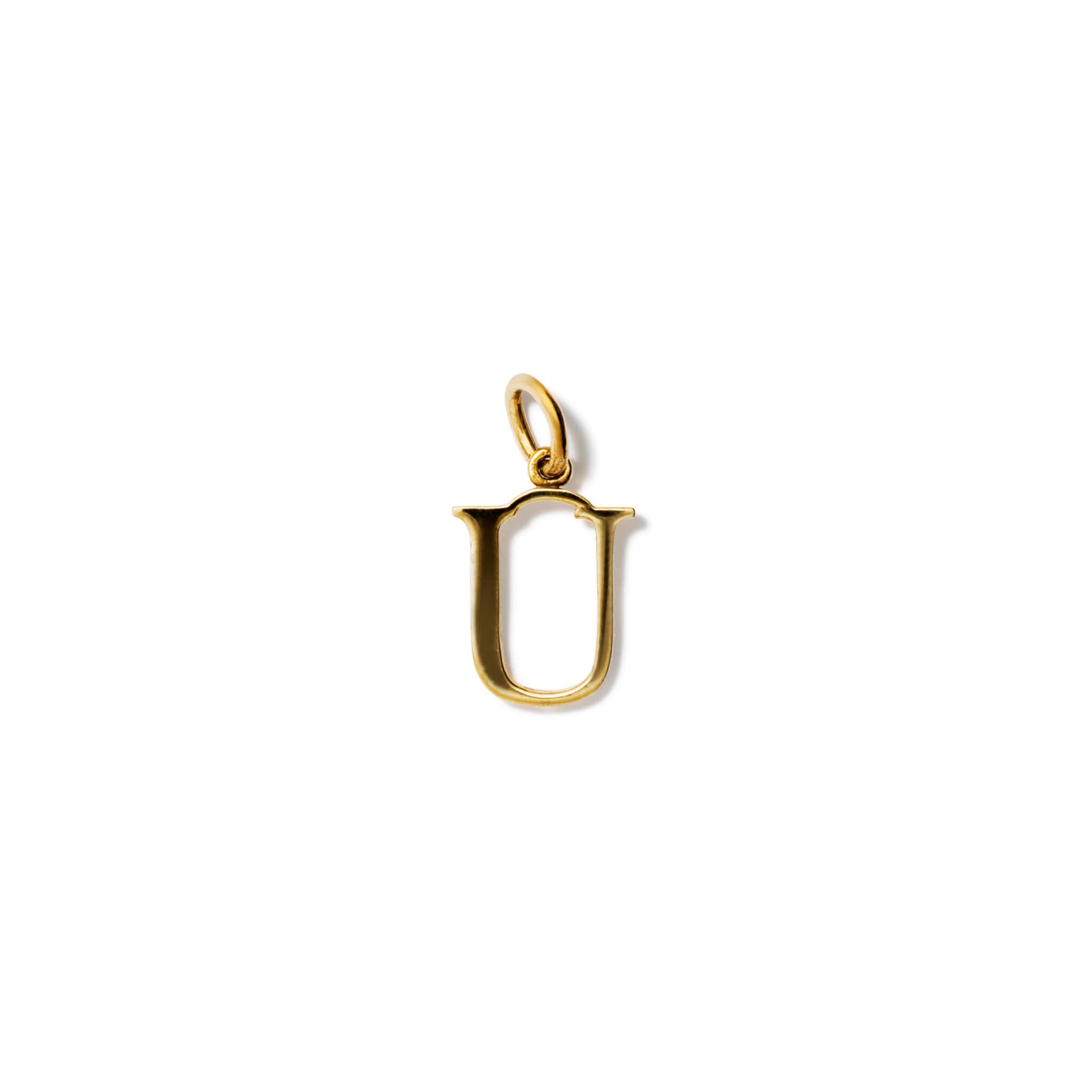 Handcrafted yellow gold initial U necklace pendant, with a loop at the top for chain attachment.
