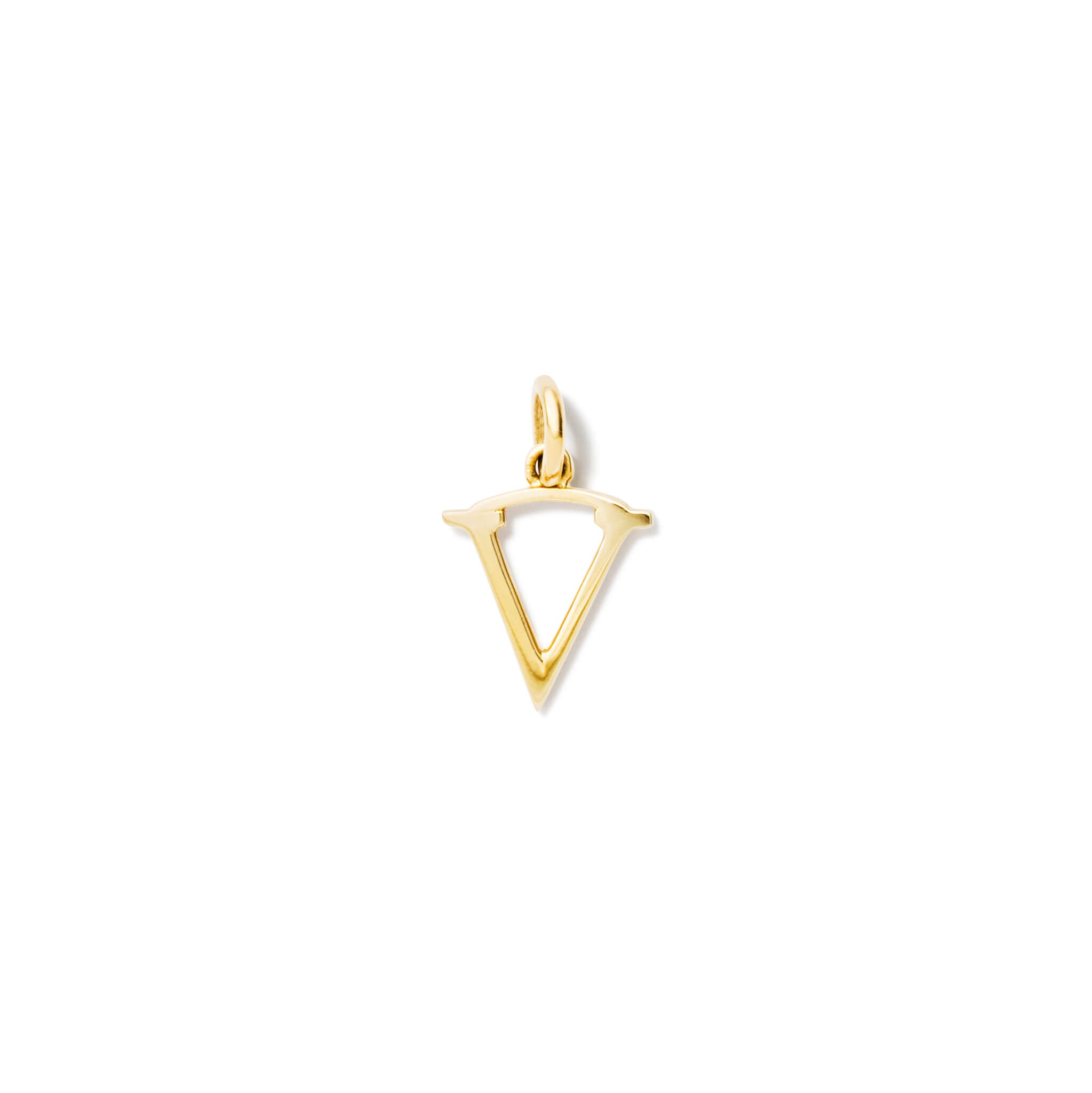 Handcrafted yellow gold initial V necklace pendant, with a loop at the top for chain attachment.