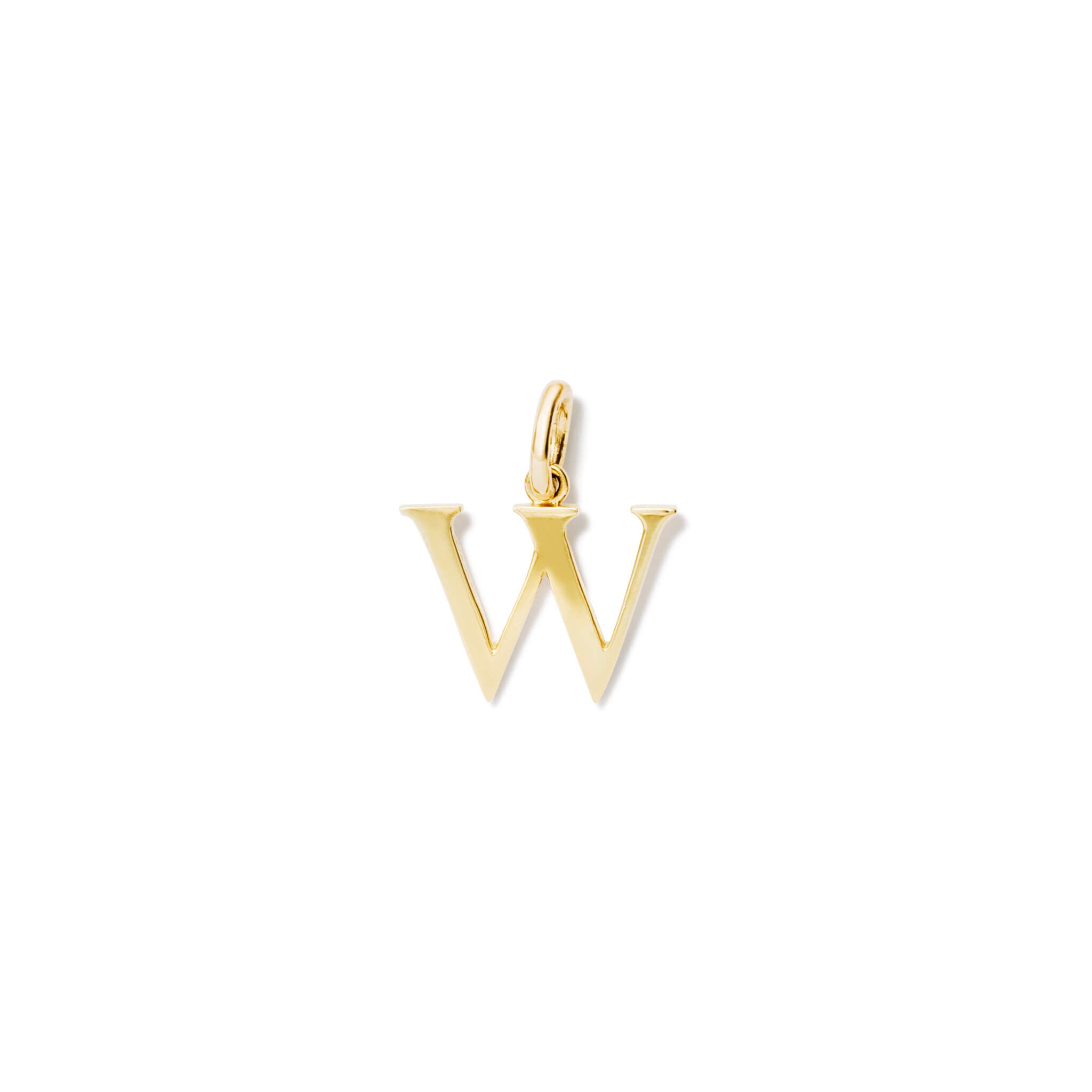 Handcrafted yellow gold initial W necklace pendant, with a loop at the top for chain attachment.