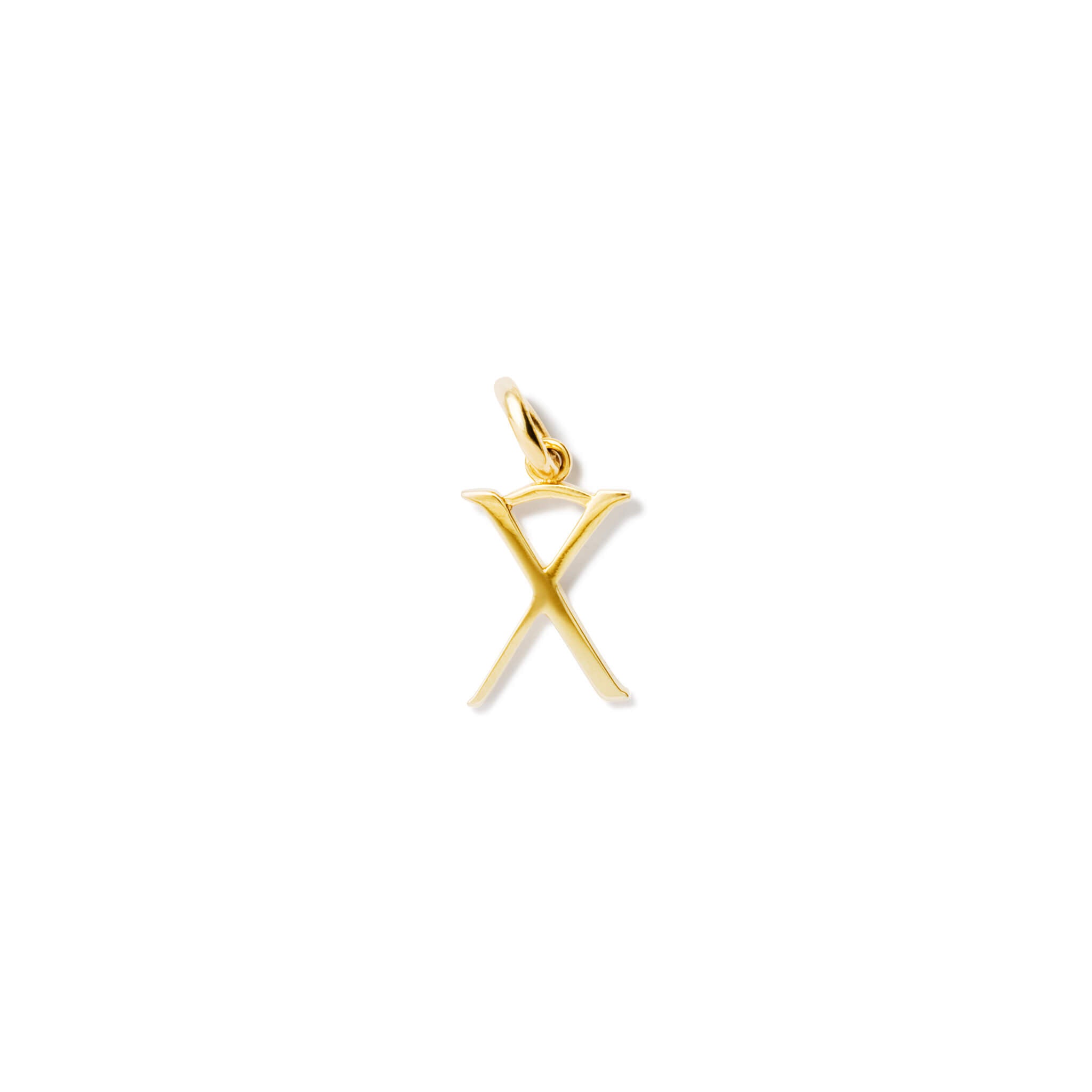 Handcrafted yellow gold initial X necklace pendant, with a loop at the top for chain attachment.