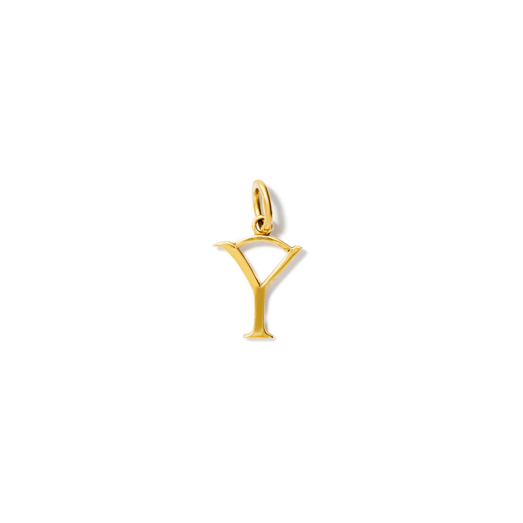 Handcrafted yellow gold initial Y necklace pendant, with a loop at the top for chain attachment.