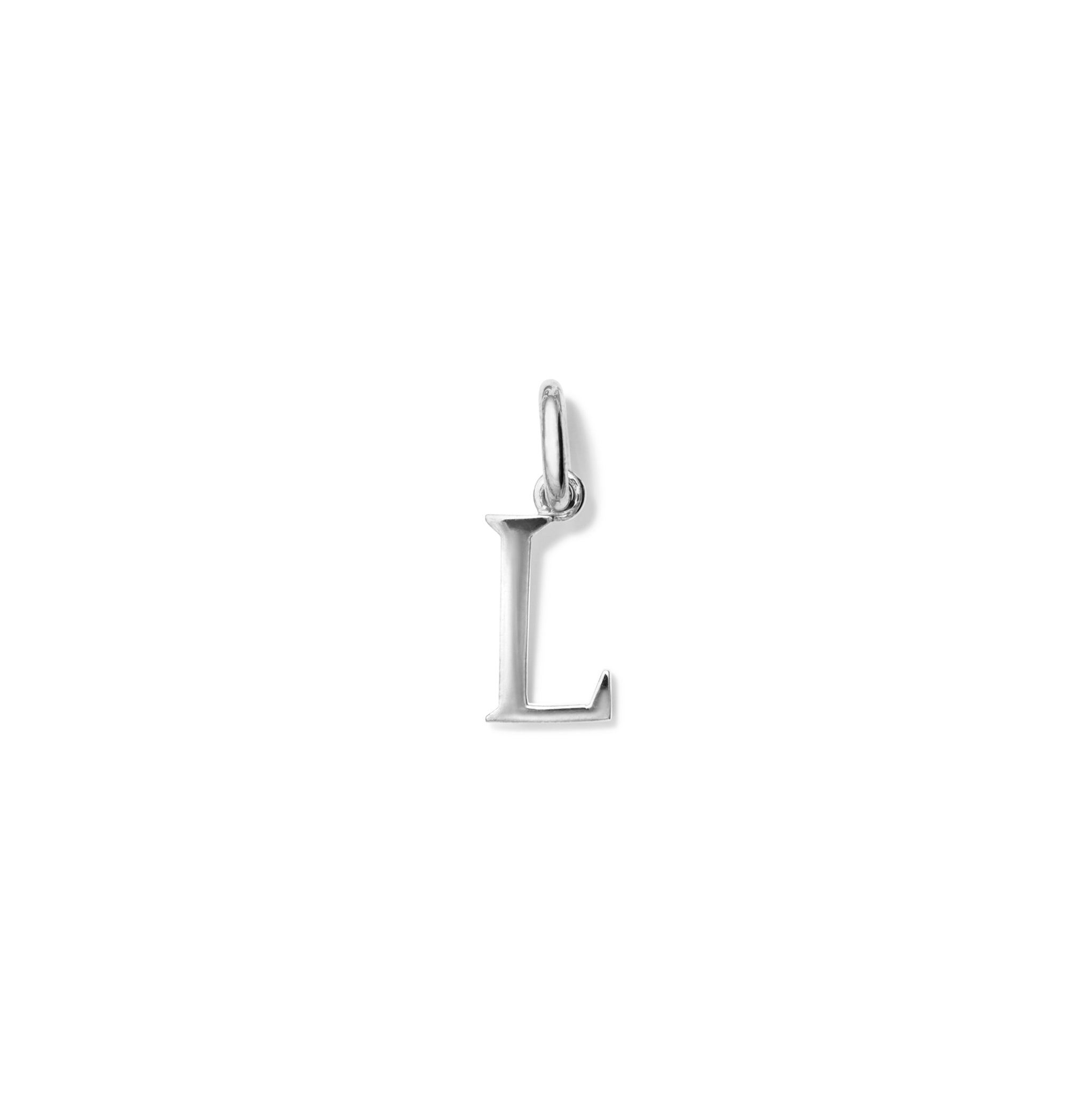 Handcrafted sterling silver initial L necklace pendant, with a loop at the top for chain attachment.