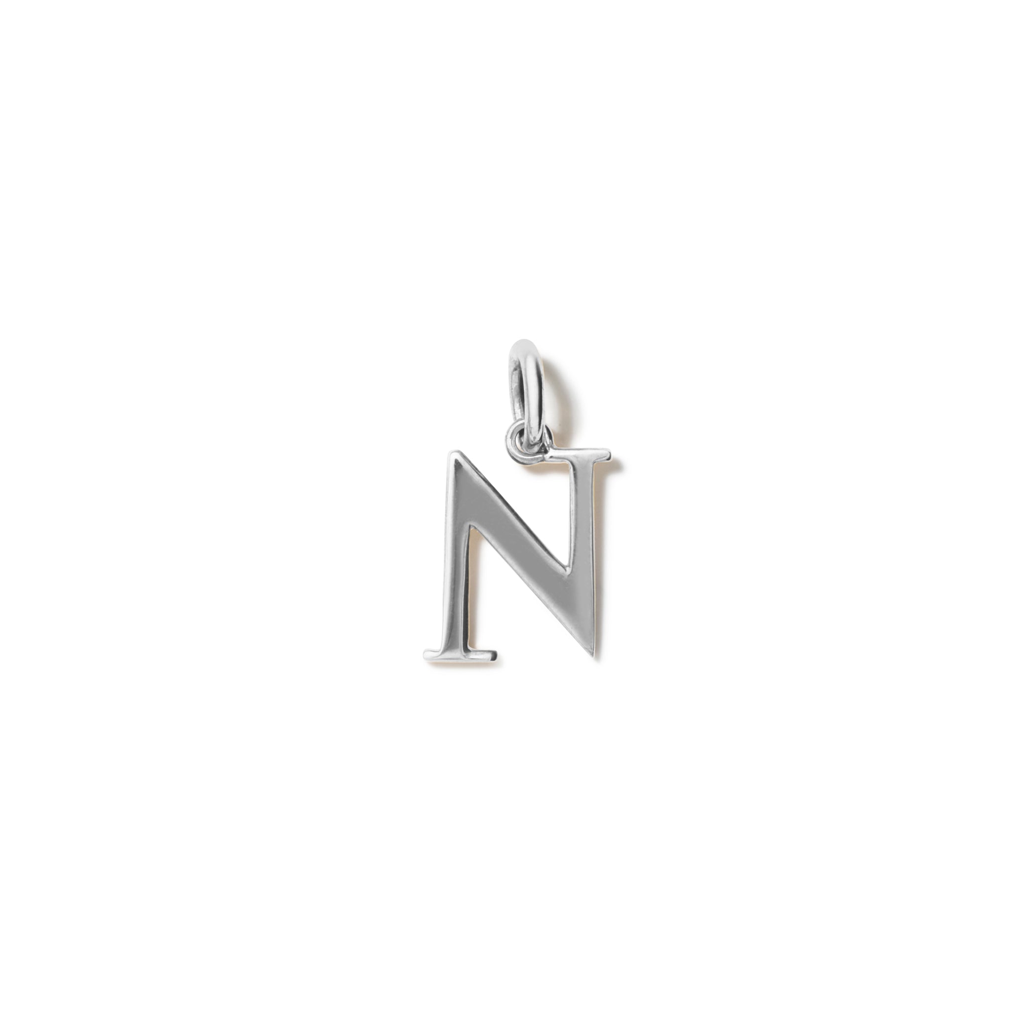 Handcrafted sterling silver initial N necklace pendant, with a loop at the top for chain attachment.