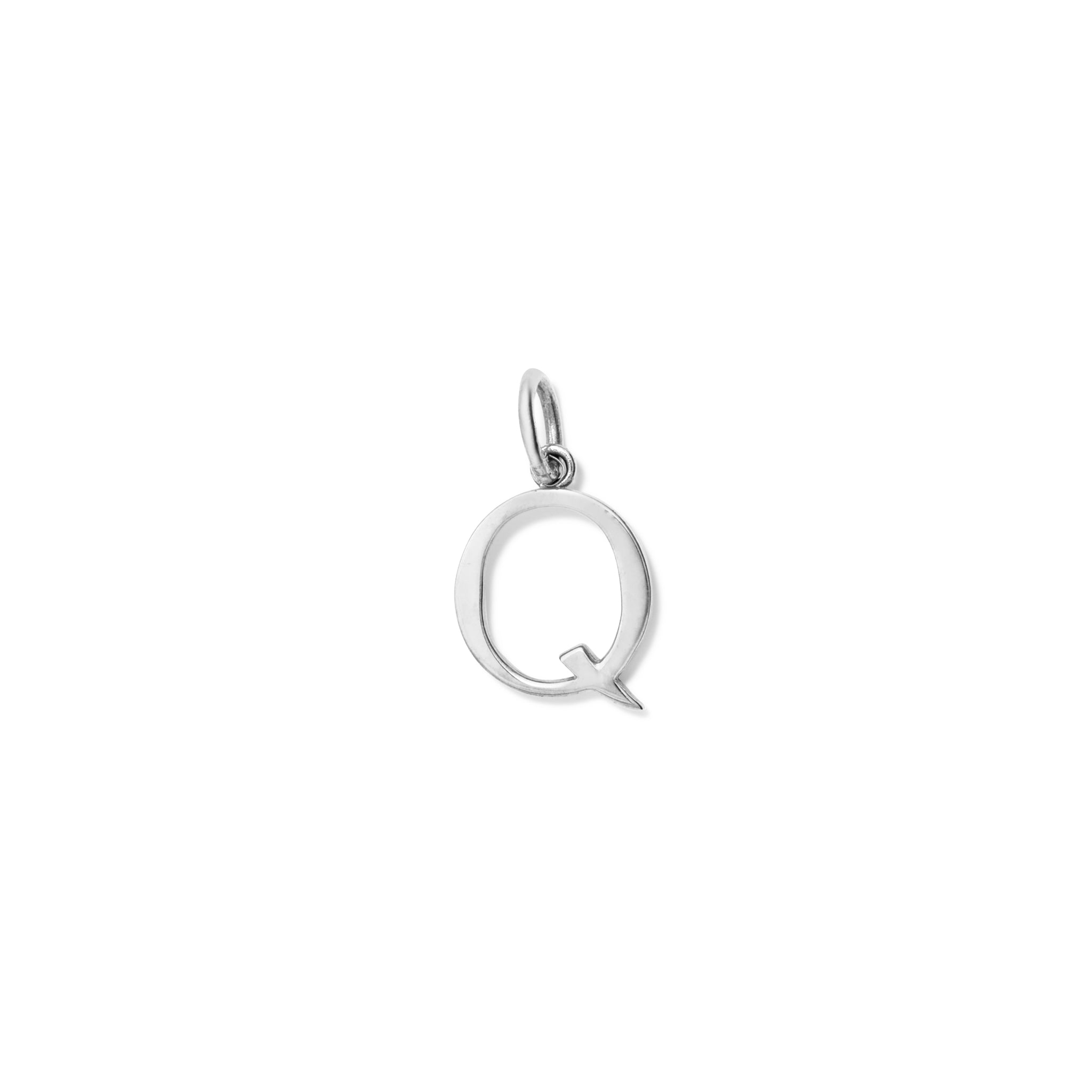 Handcrafted sterling silver initial Q necklace pendant, with a loop at the top for chain attachment.