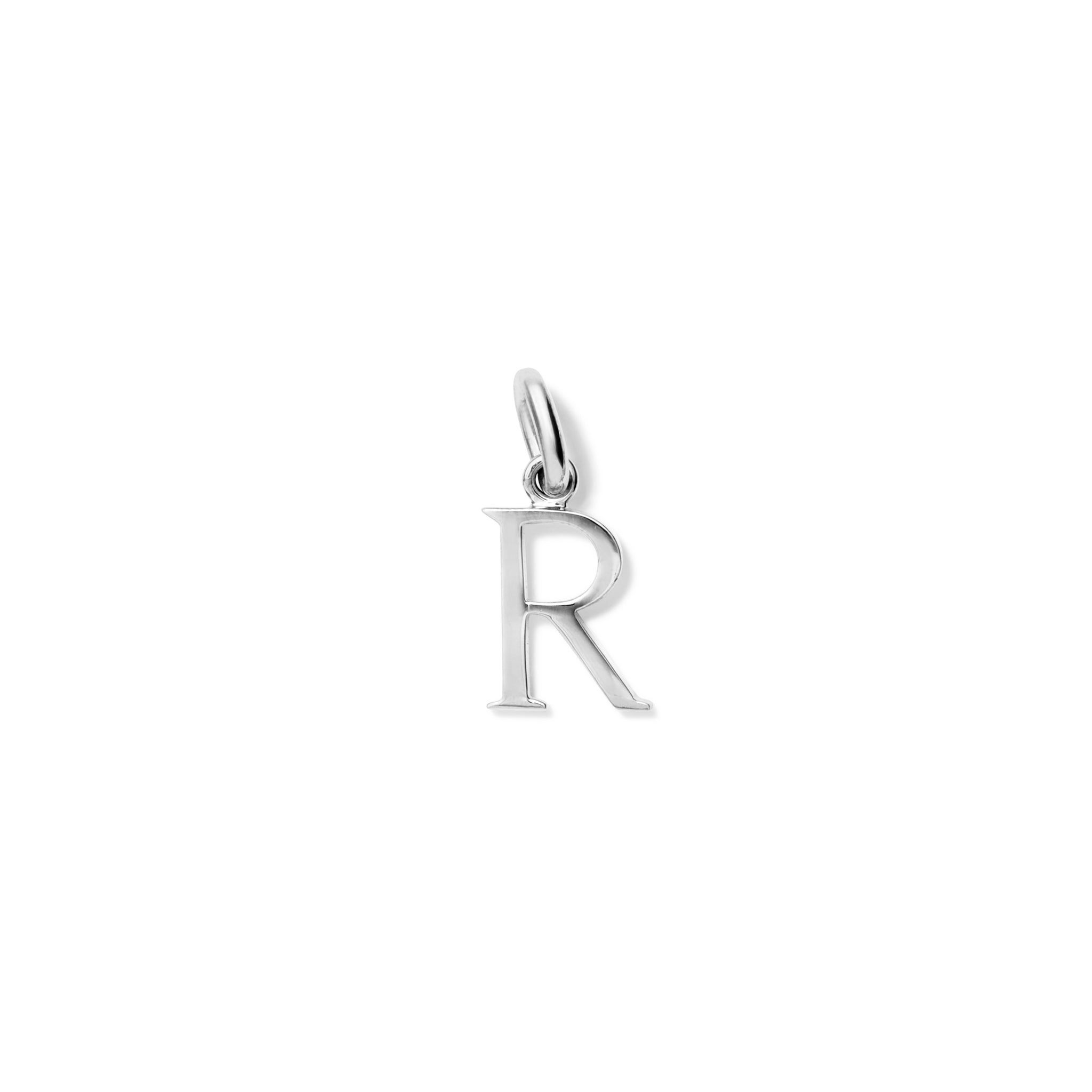 Handcrafted sterling silver initial R necklace pendant, with a loop at the top for chain attachment.