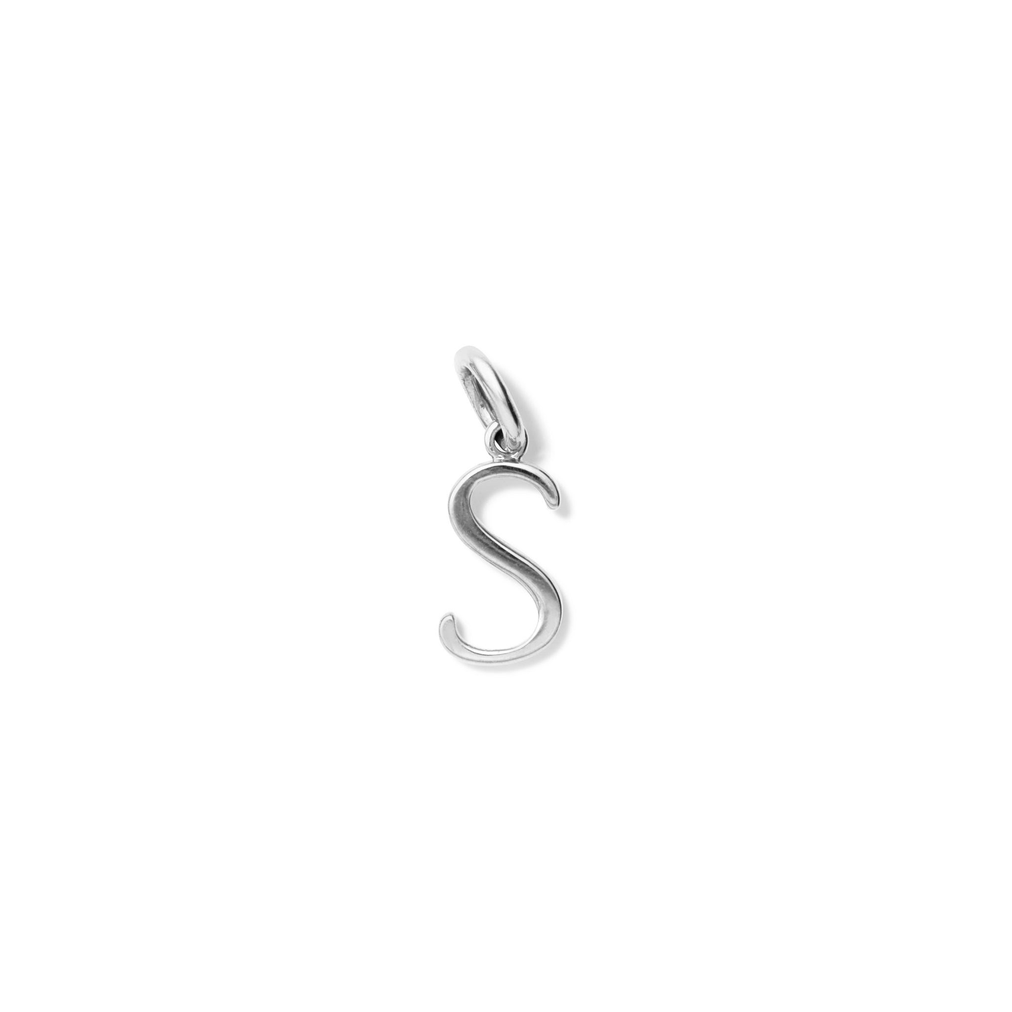 Handcrafted sterling silver initial S necklace pendant, with a loop at the top for chain attachment.
