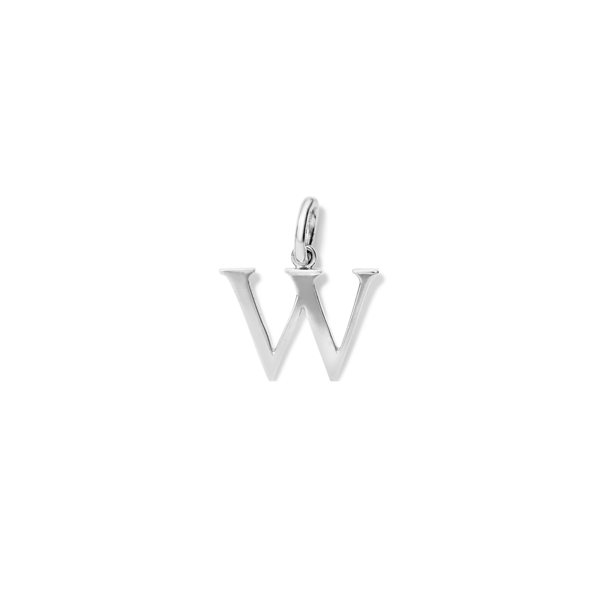 Handcrafted sterling silver initial W necklace pendant, with a loop at the top for chain attachment.