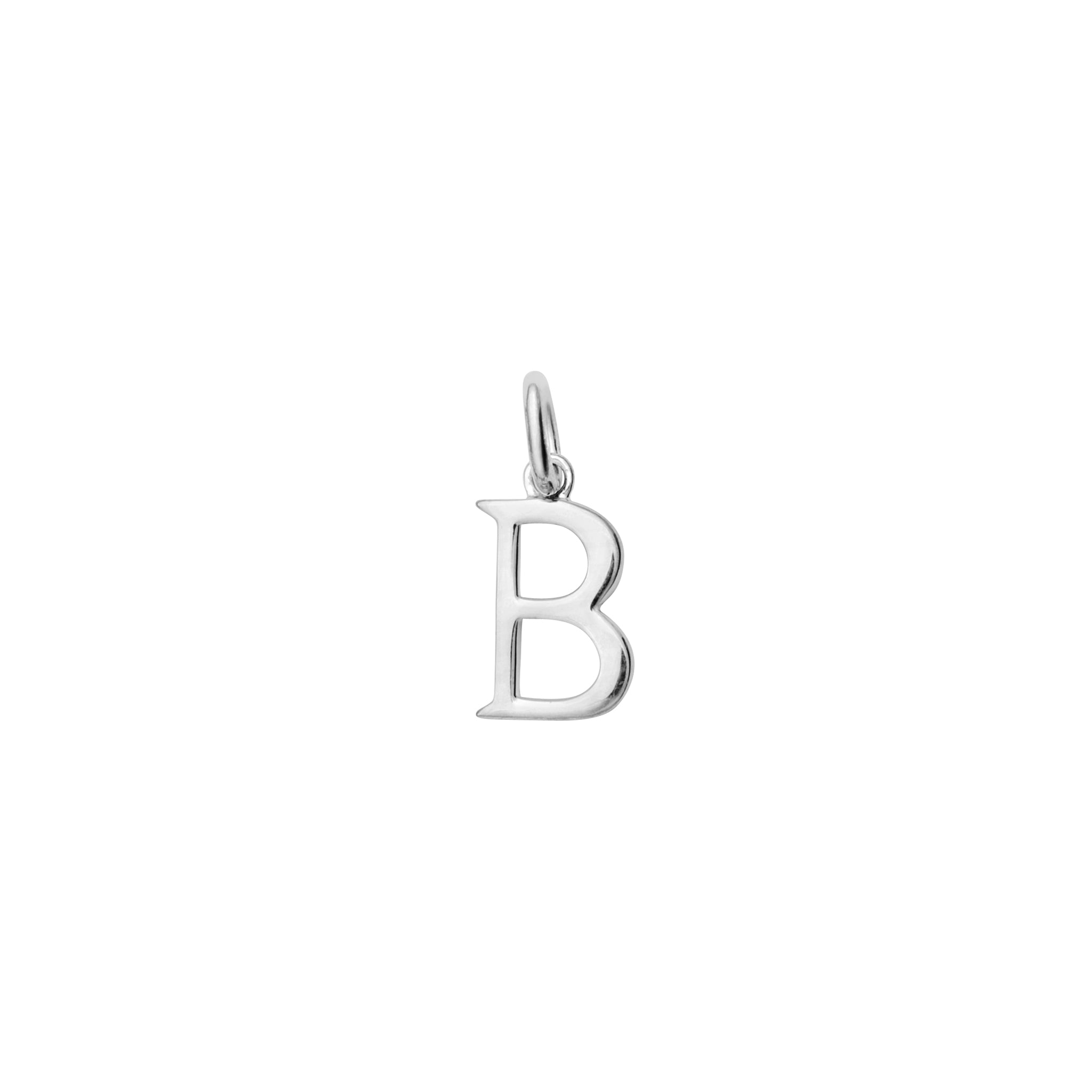 Handcrafted sterling silver initial B necklace pendant, with a loop at the top for chain attachment.