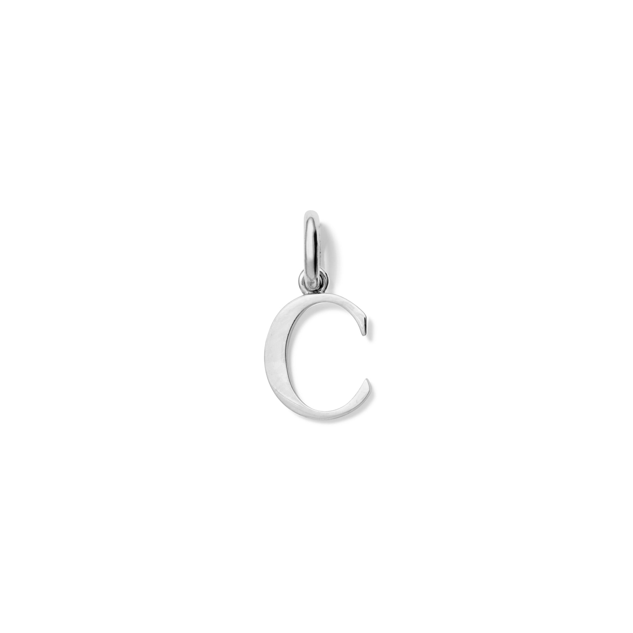 Handcrafted sterling silver initial C necklace pendant, with a loop at the top for chain attachment.