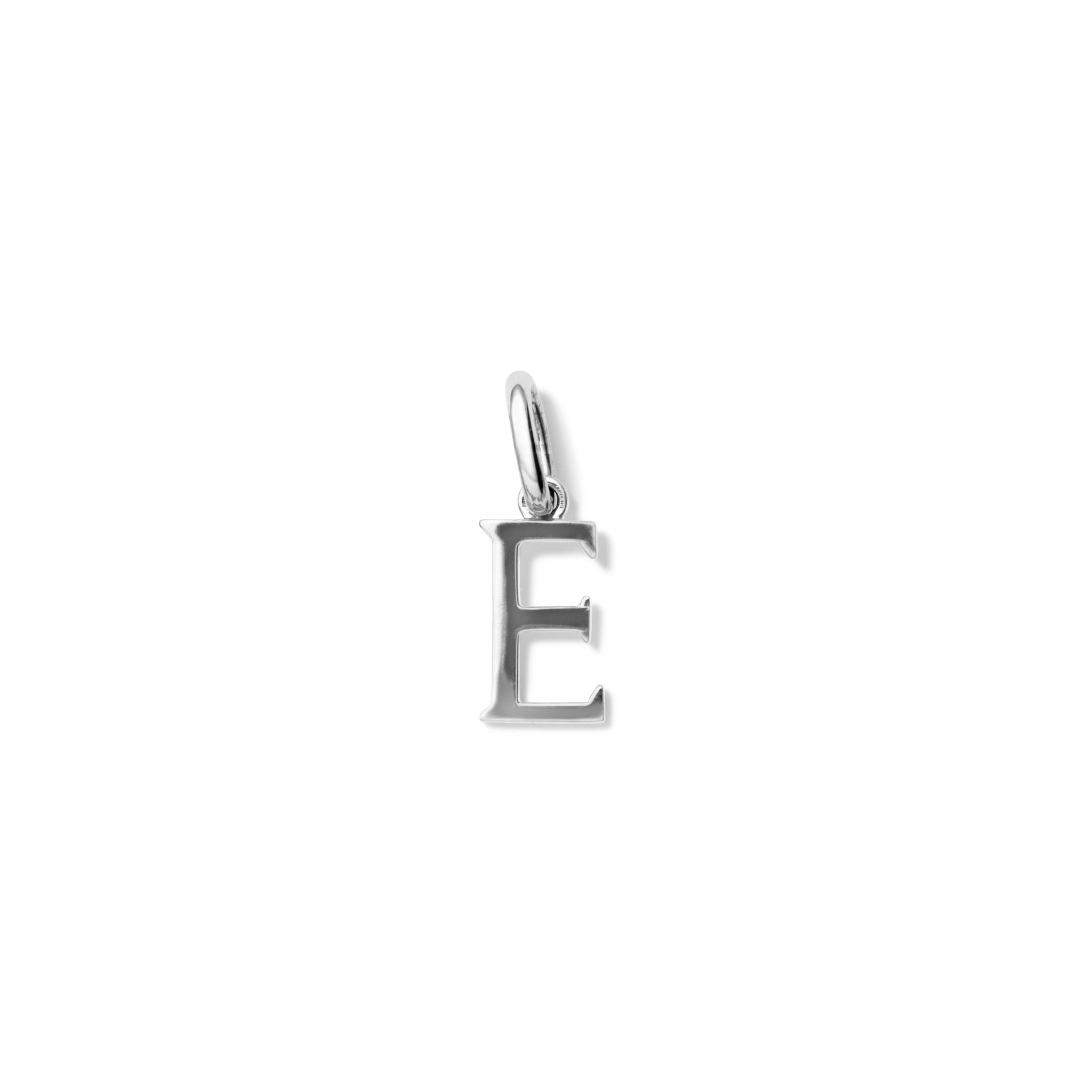Handcrafted sterling silver initial E necklace pendant, with a loop at the top for chain attachment.