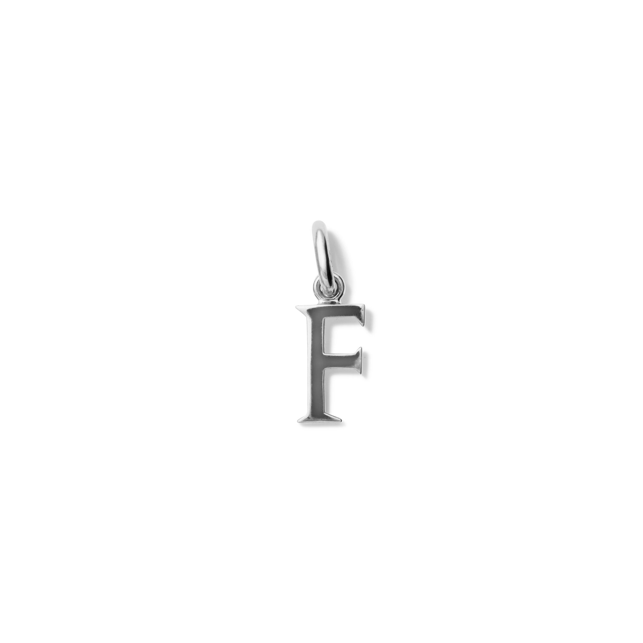 Handcrafted sterling silver initial F necklace pendant, with a loop at the top for chain attachment.