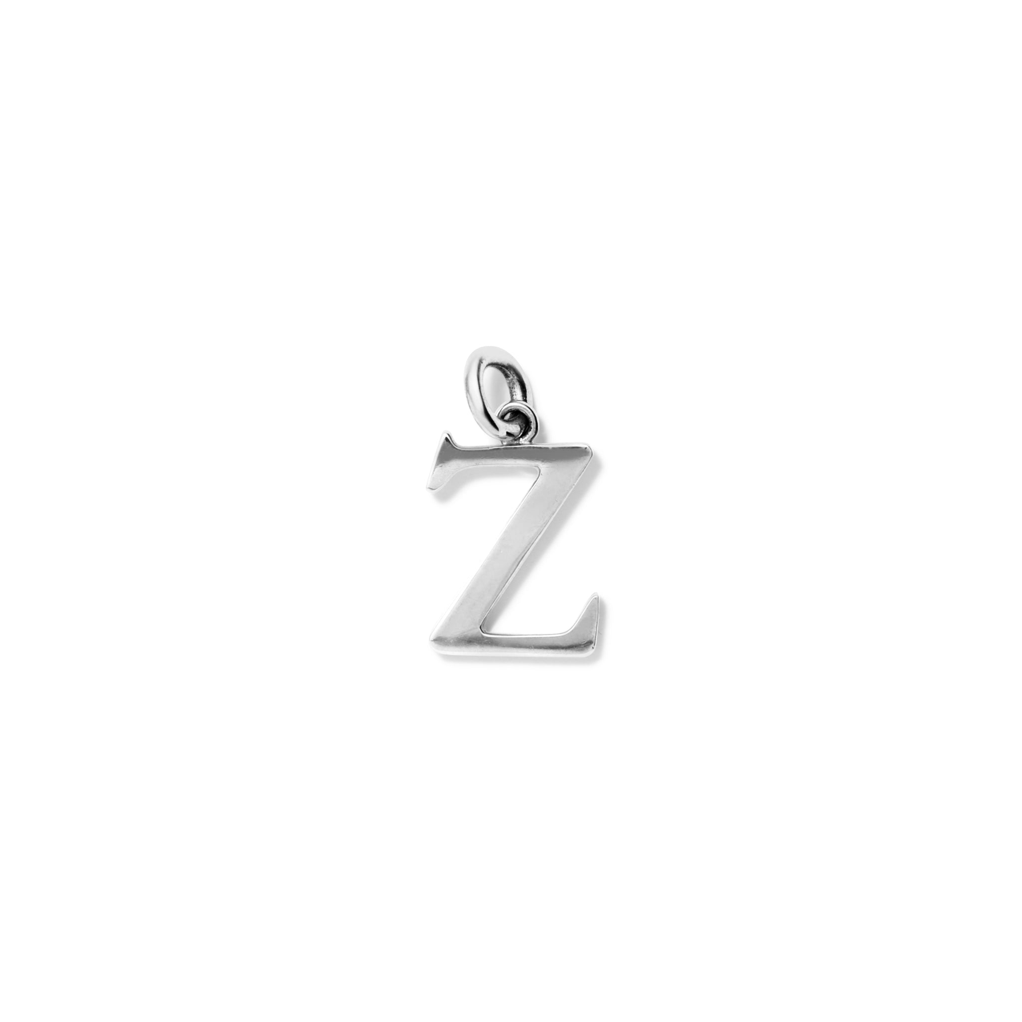 Handcrafted sterling silver initial Z necklace pendant, with a loop at the top for chain attachment.