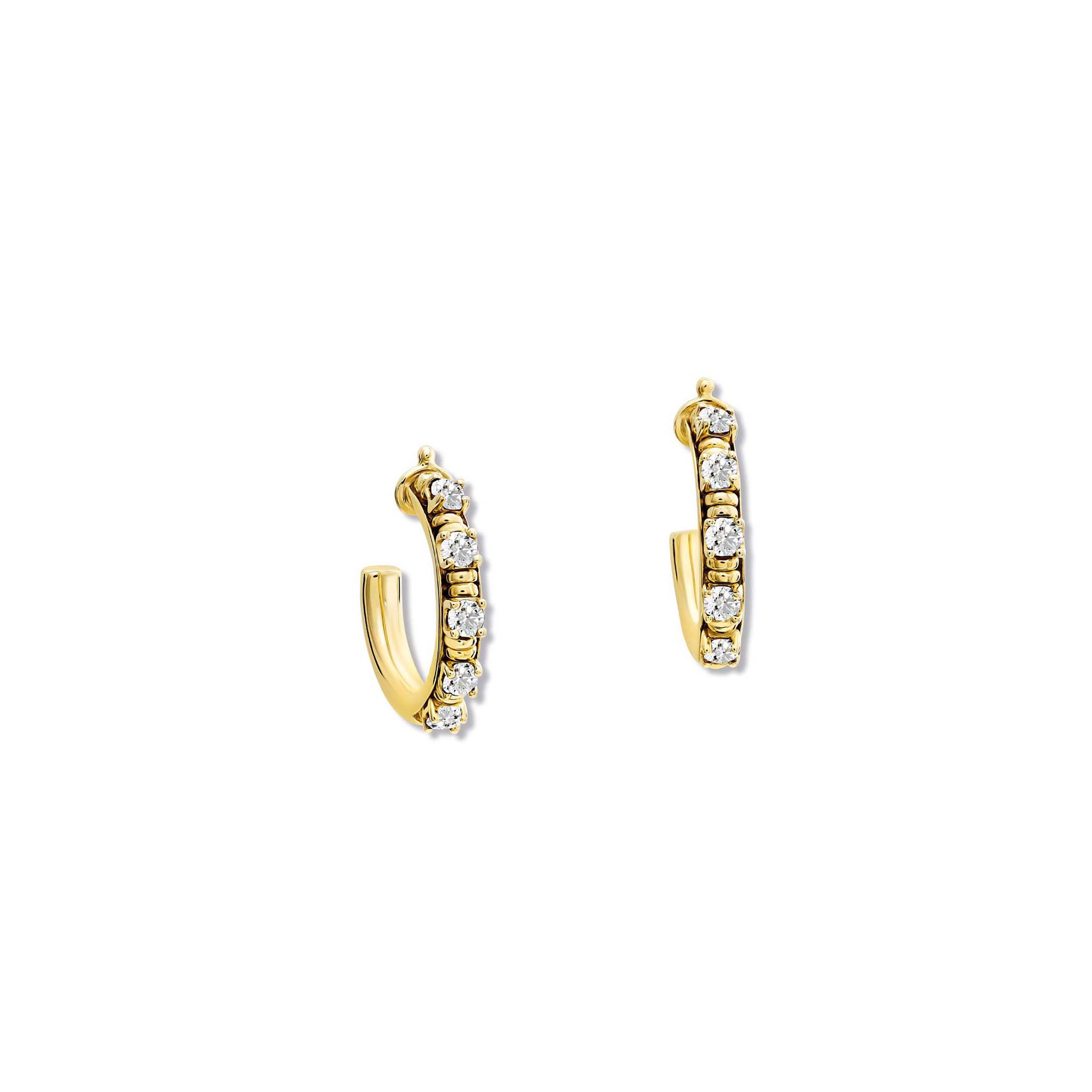 Handcrafted yellow gold hoop earrings featuring small gold beads and diamonds.