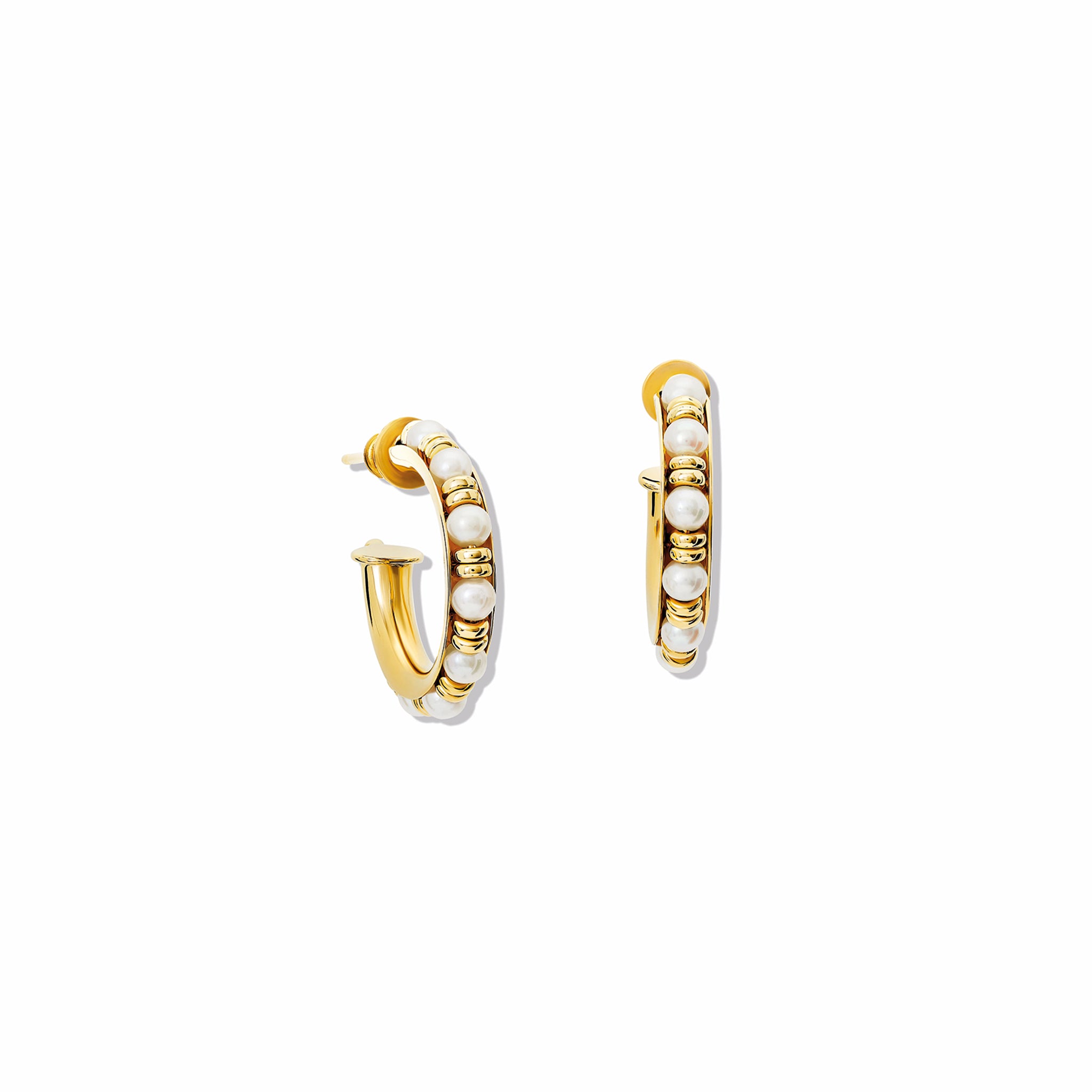 Handcrafted yellow gold hoop earrings featuring small gold beads and pearls.