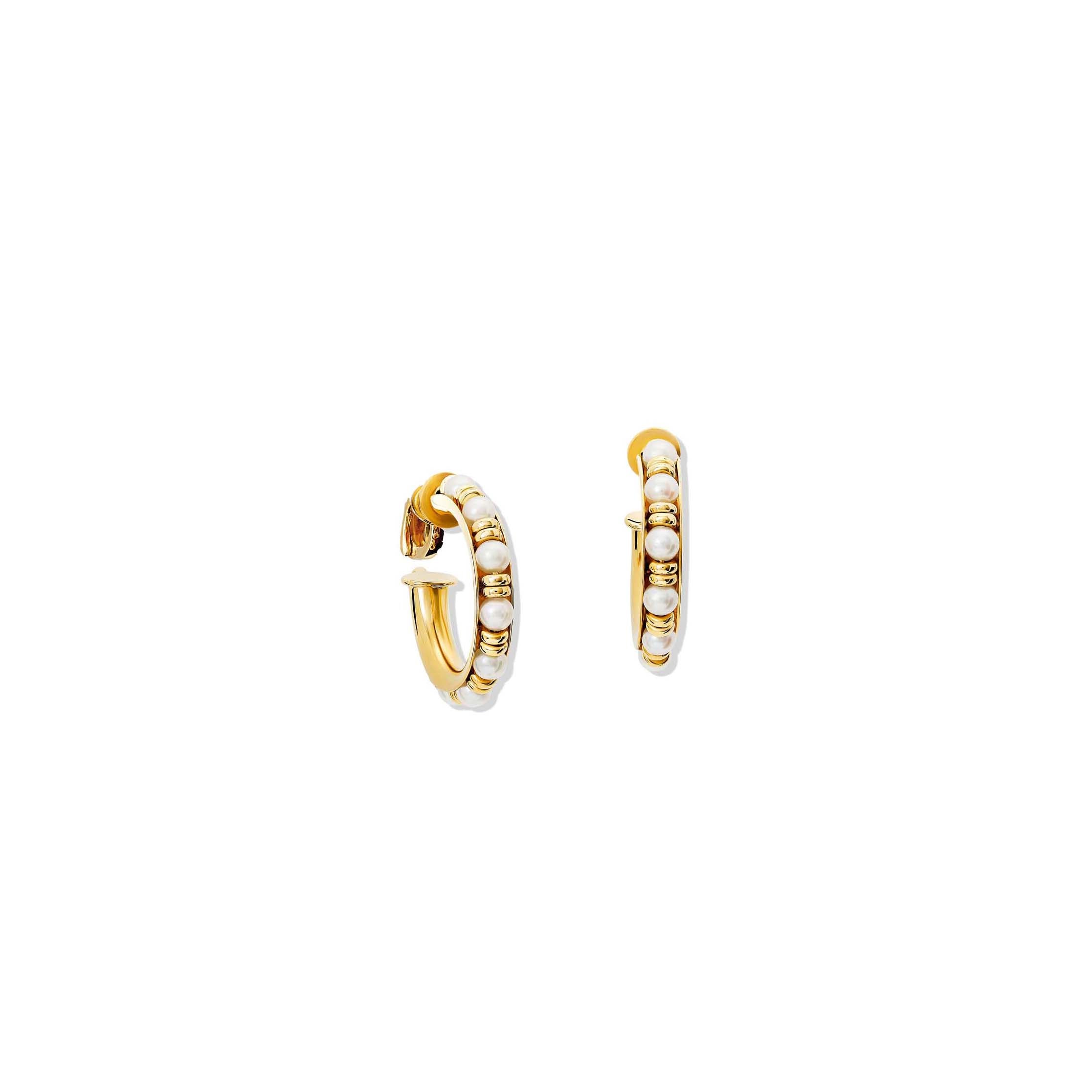 Mashrabiya Trellis Clip On Hoop Earrings Yellow Gold - Pearl