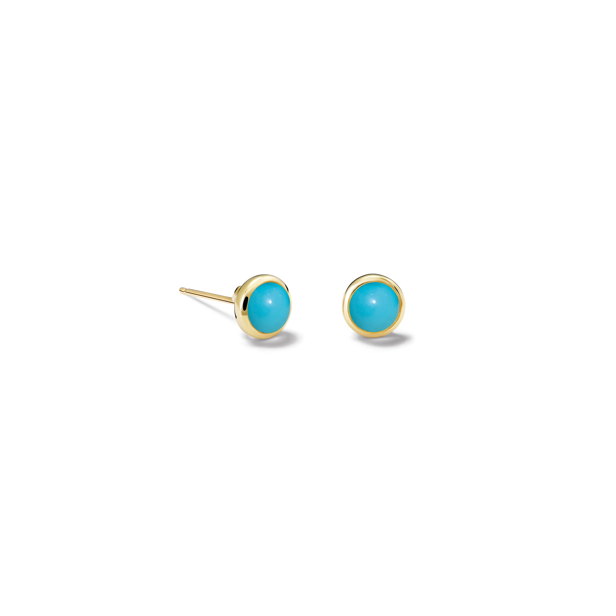Handcrafted 9ct yellow gold stud earrings featuring round turquoise, birthstone of December.