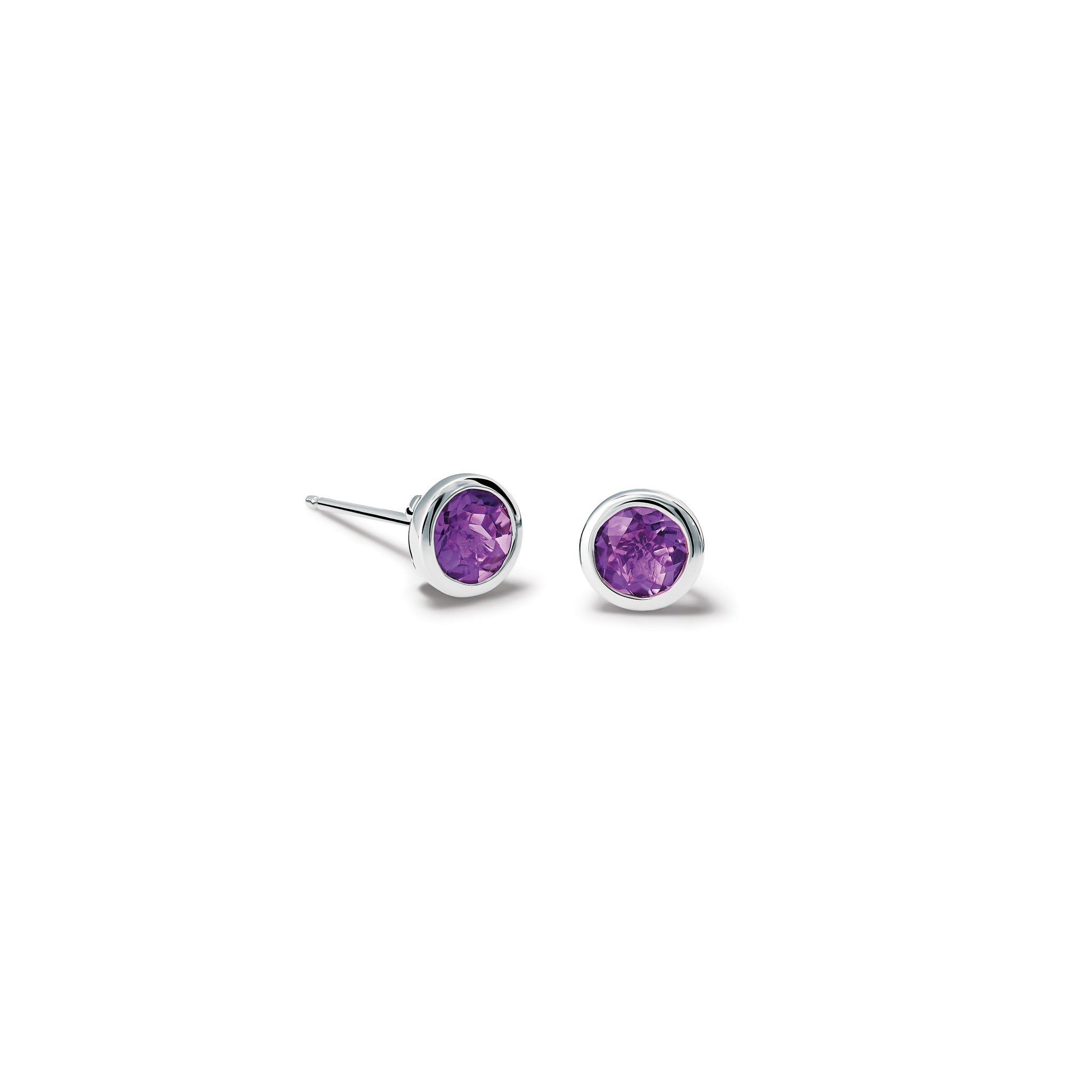 Handcrafted white gold stud earrings featuring round amethyst, birthstone of February.