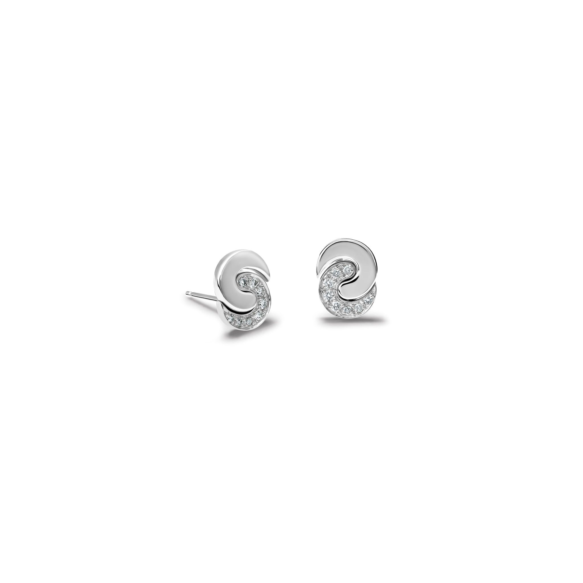 Handcrafted 18ct white gold stud earrings featuring a crescent shape with diamond pav�, birthstone of April.