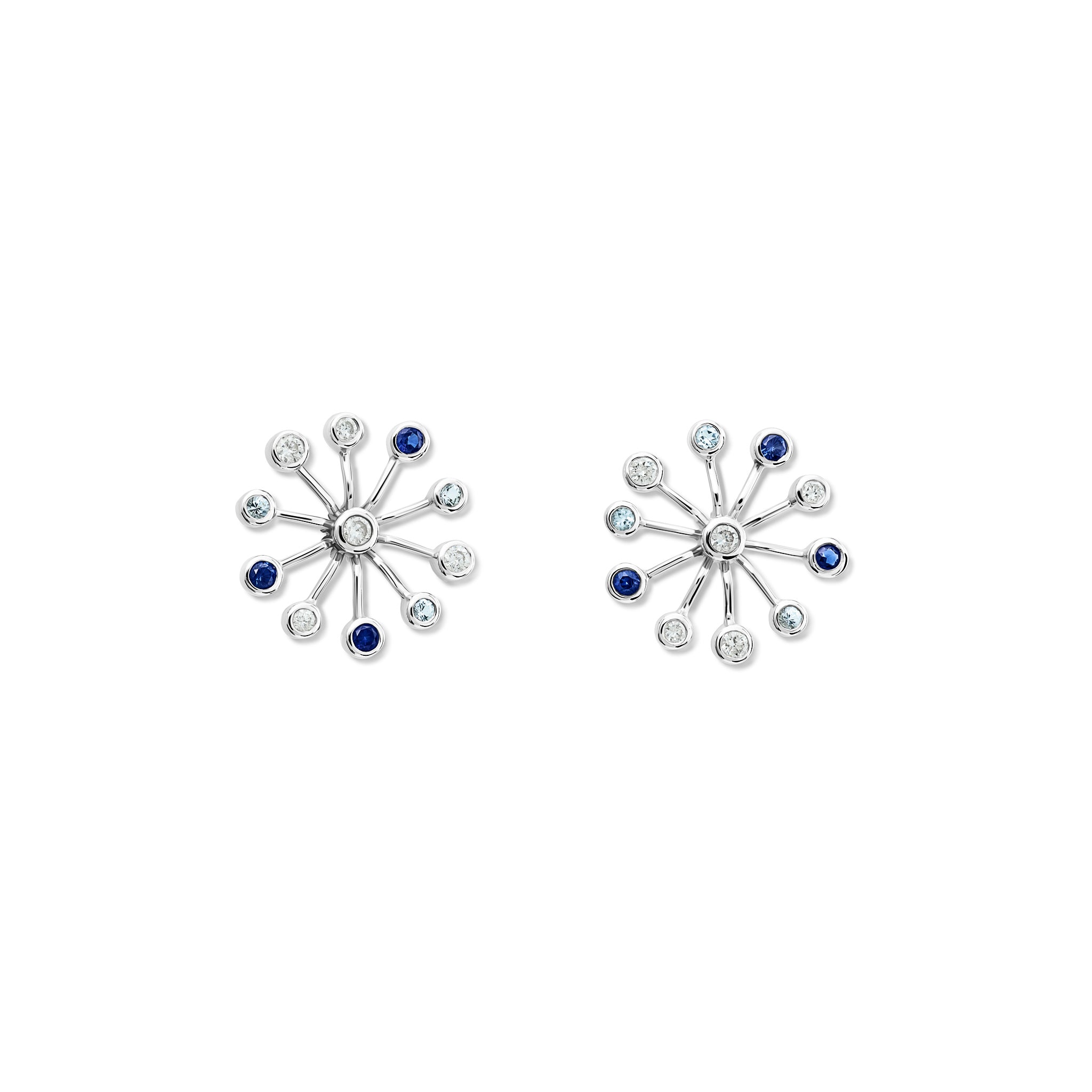 Handcrafted 18ct white gold earrings inspired by the delicate spurs of an astrantia flower, with sapphires, aquamarines and diamonds set at the tip of each spur.