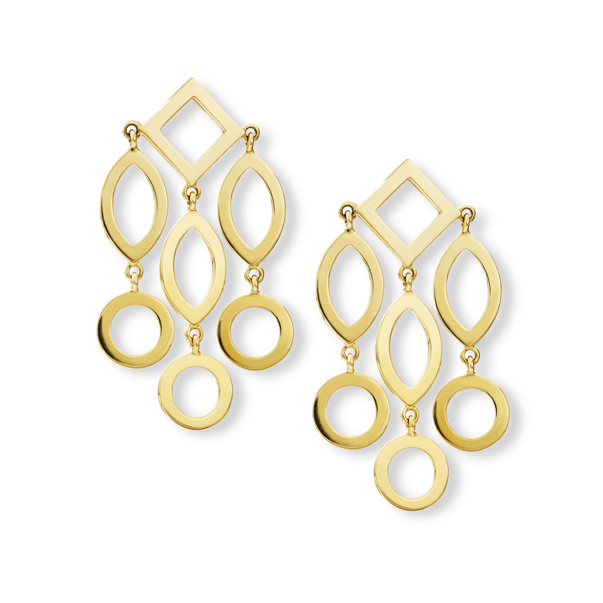 Handcrafted yellow gold earrings featuring circular and oval shapes.