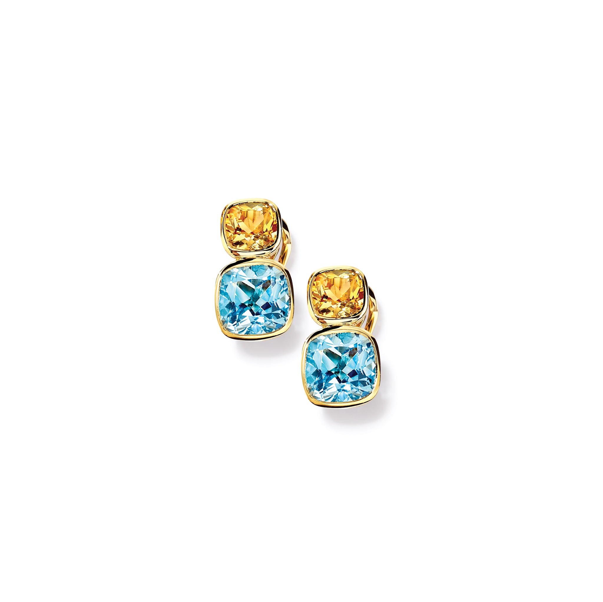 Handcrafted 18ct yellow gold square shaped earrings featuring citrine and blue topaz gemstones.