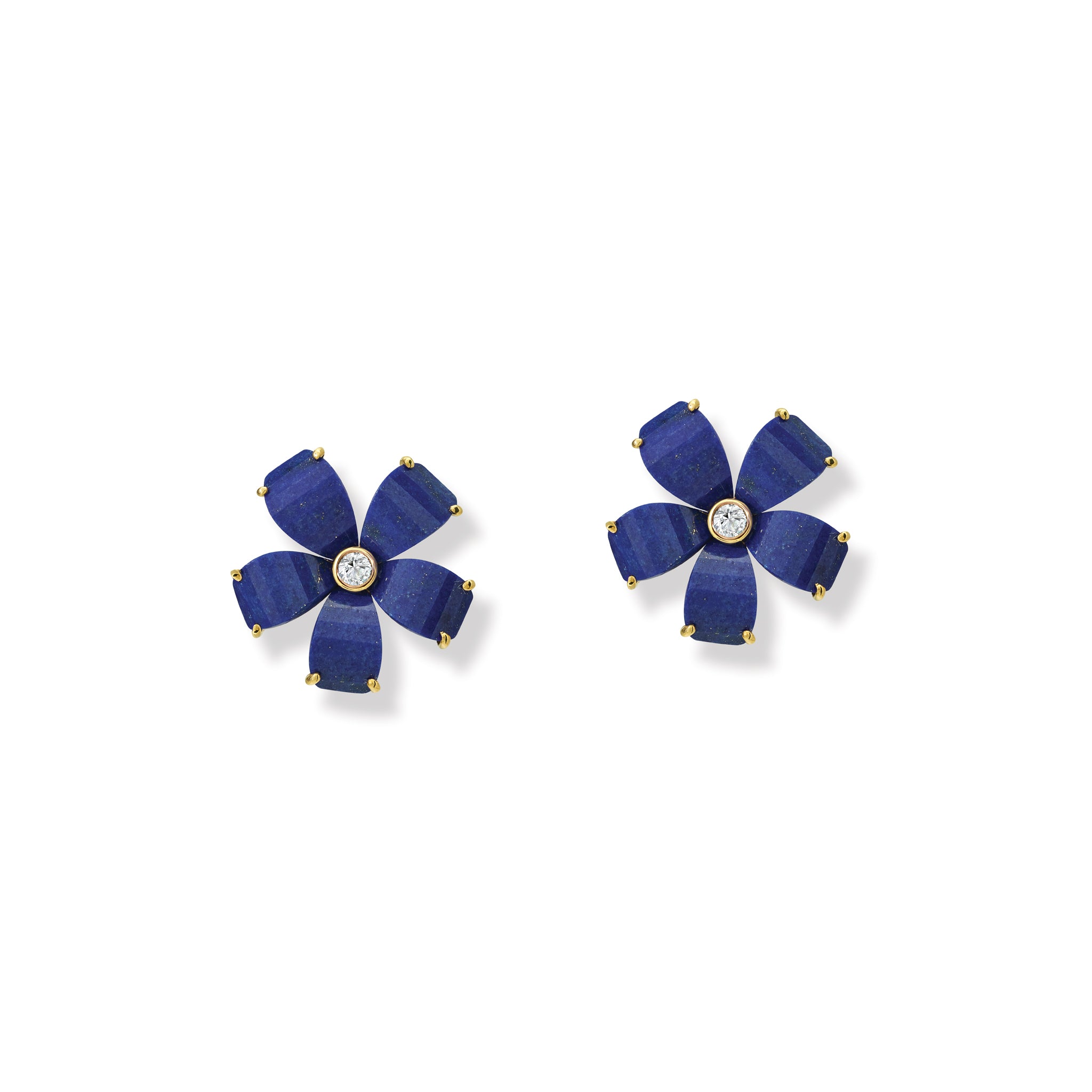 Handcrafted yellow gold flower earring studs featuring five lapis lazuli petals and a central diamond.