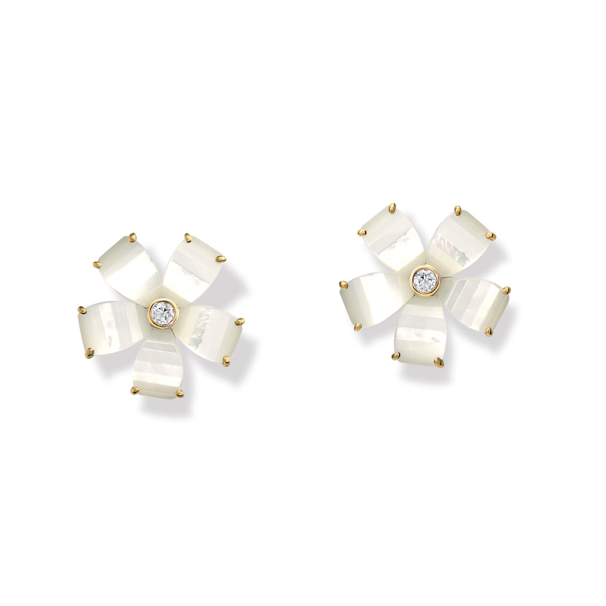 Handcrafted yellow gold flower earring studs featuring five mother of pearl petals and a central diamond.
