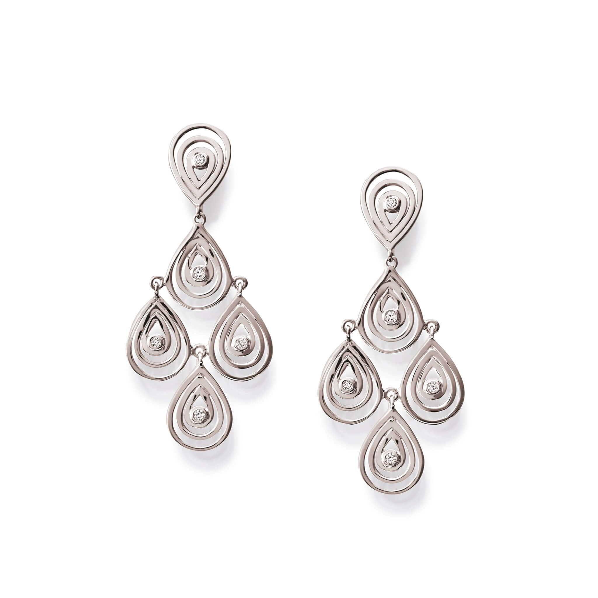 Handcrafted 9ct white gold earrings with 5 diamonds in a cascading teardrop outline.