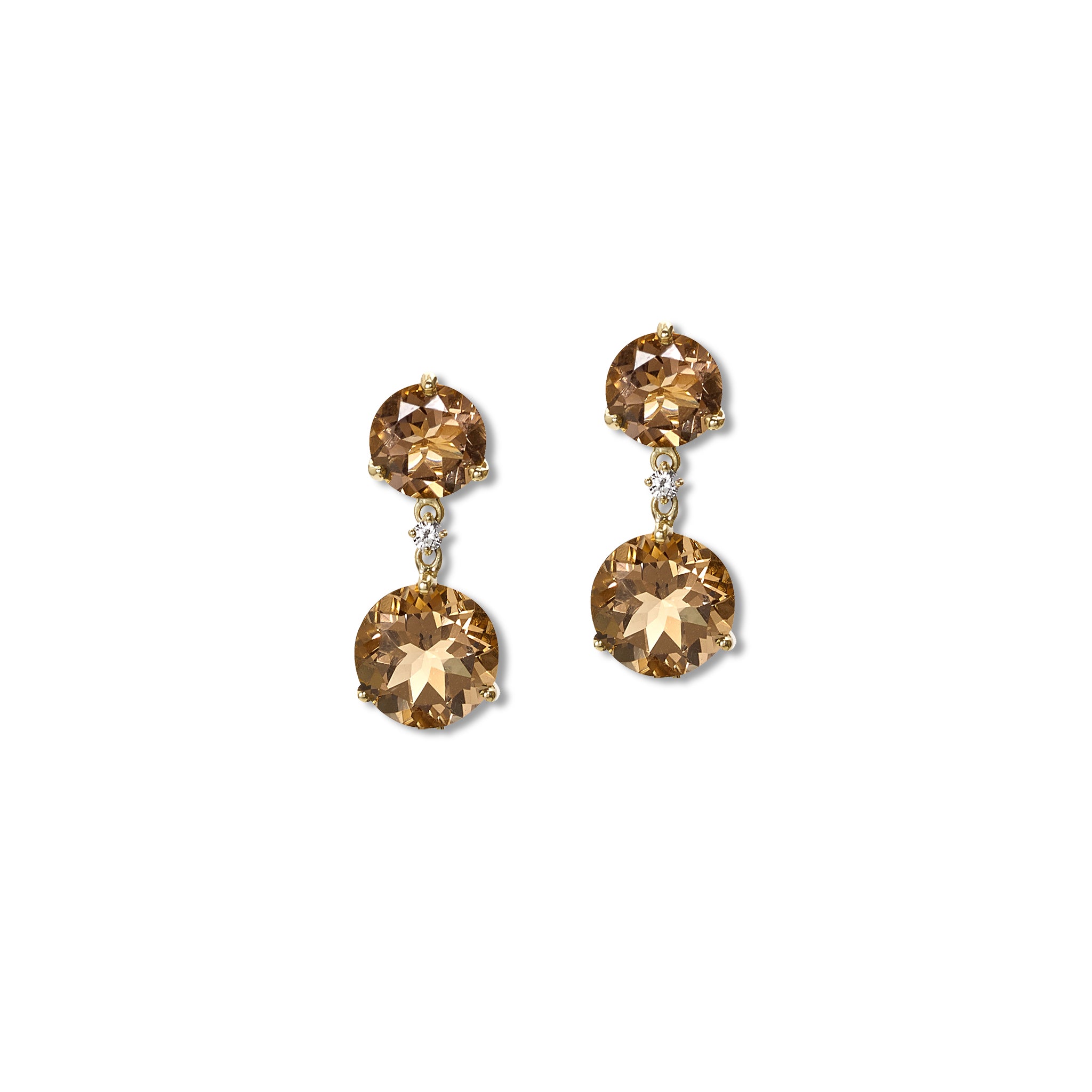 Handcrafted yellow gold earrings featuring circular smoky quartz gemstones and diamonds.