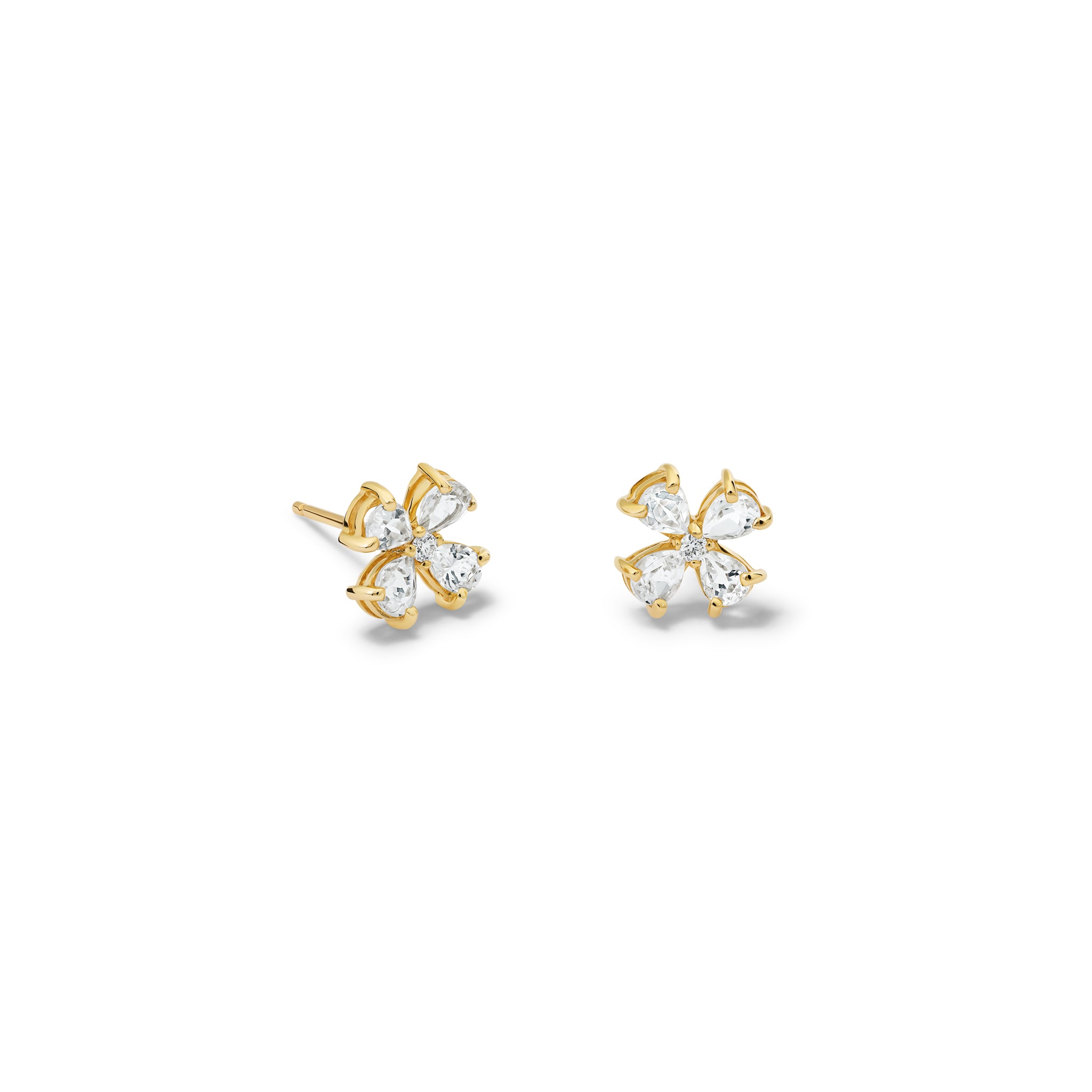 Handcrafted yellow gold four-leaf clover earring studs with white topaz and diamond, birthstone of November.