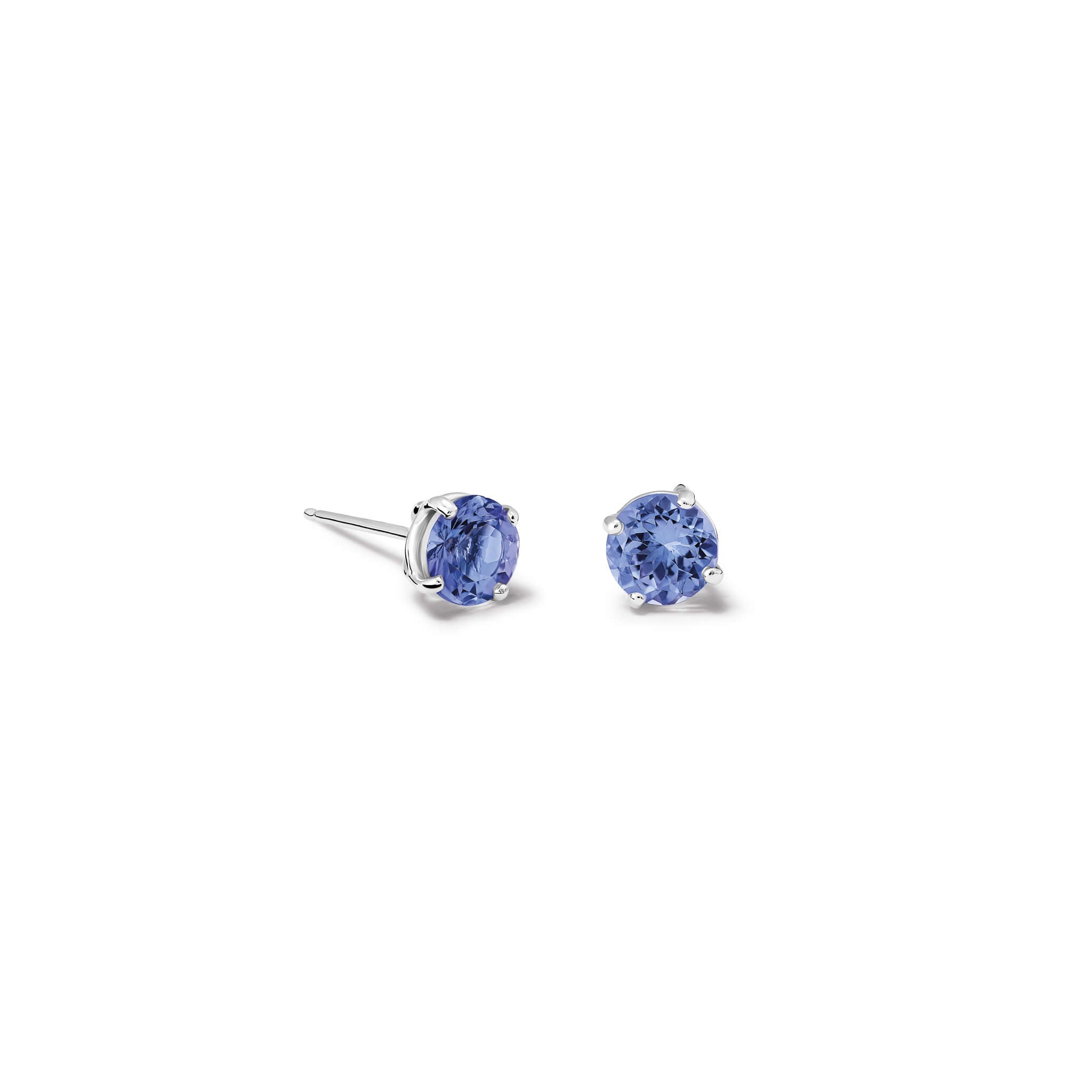 Handcrafted 18ct white gold stud earrings featuring round tanzanite gemstones.