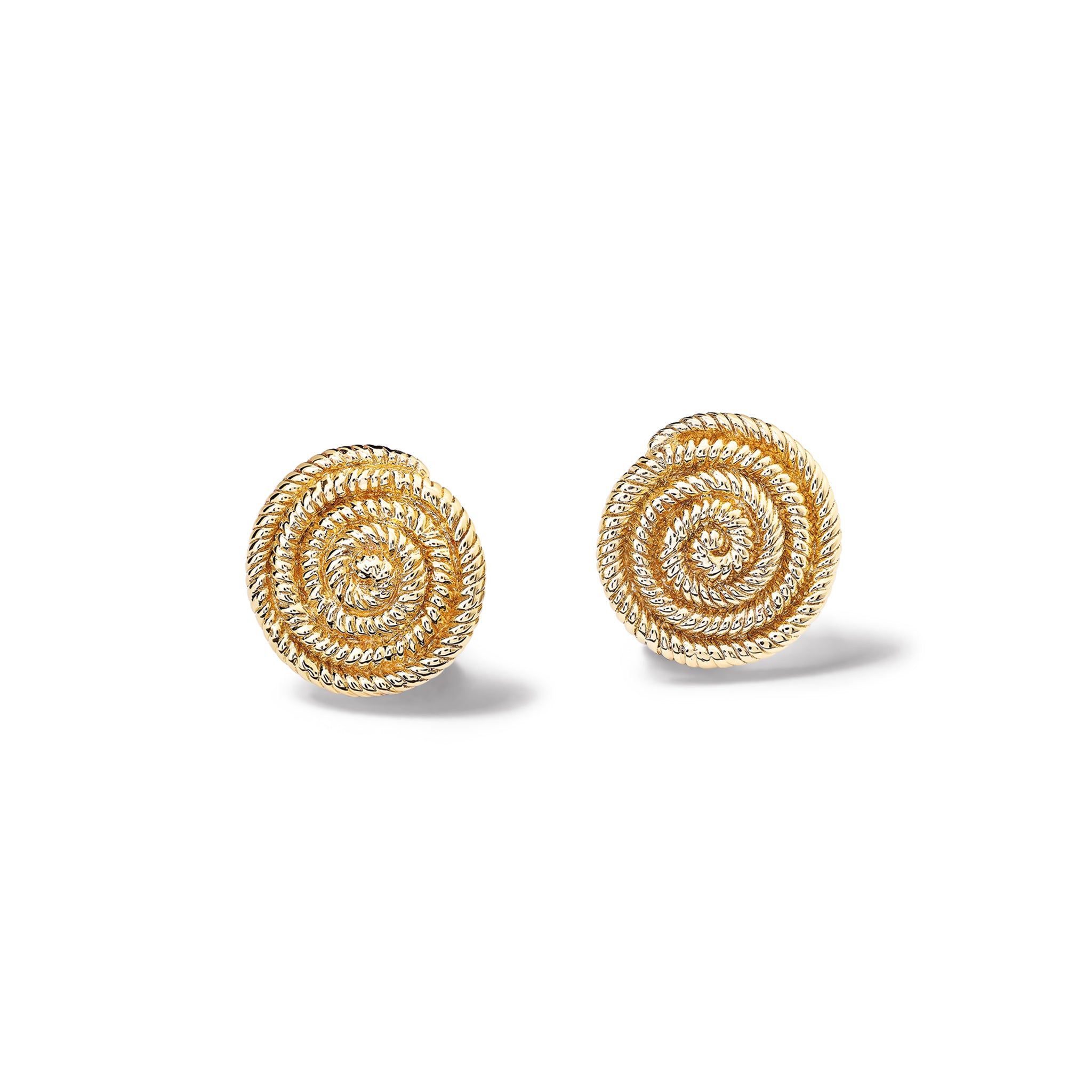 Handcrafted yellow gold earring studs with a woven swirl design.