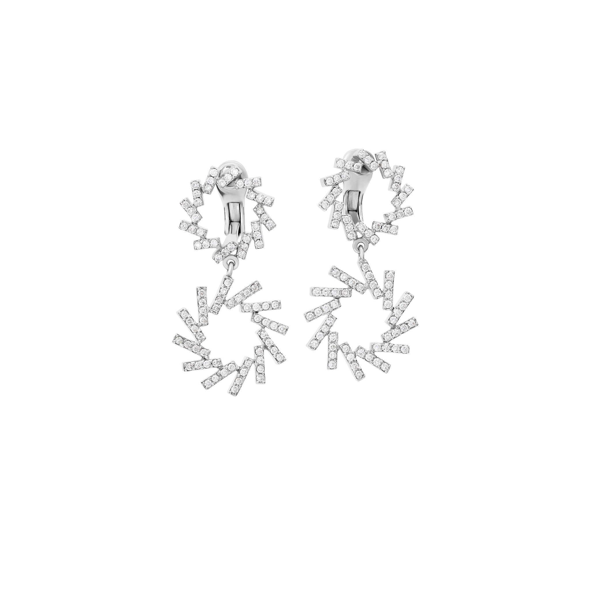 Handcrafted 18ct white gold earrings featuring two circular shapes of diagonal lines with diamonds.