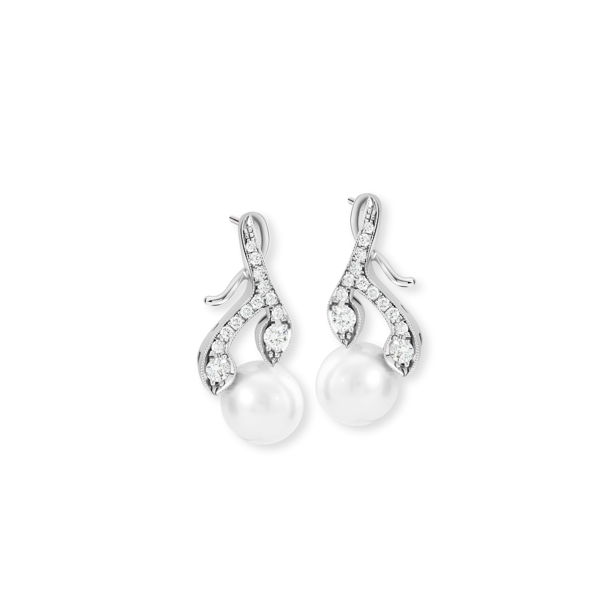 Handcrafted 18ct white gold earrings with diamonds and a pearl drop in the shape of a sprig of rosemary.