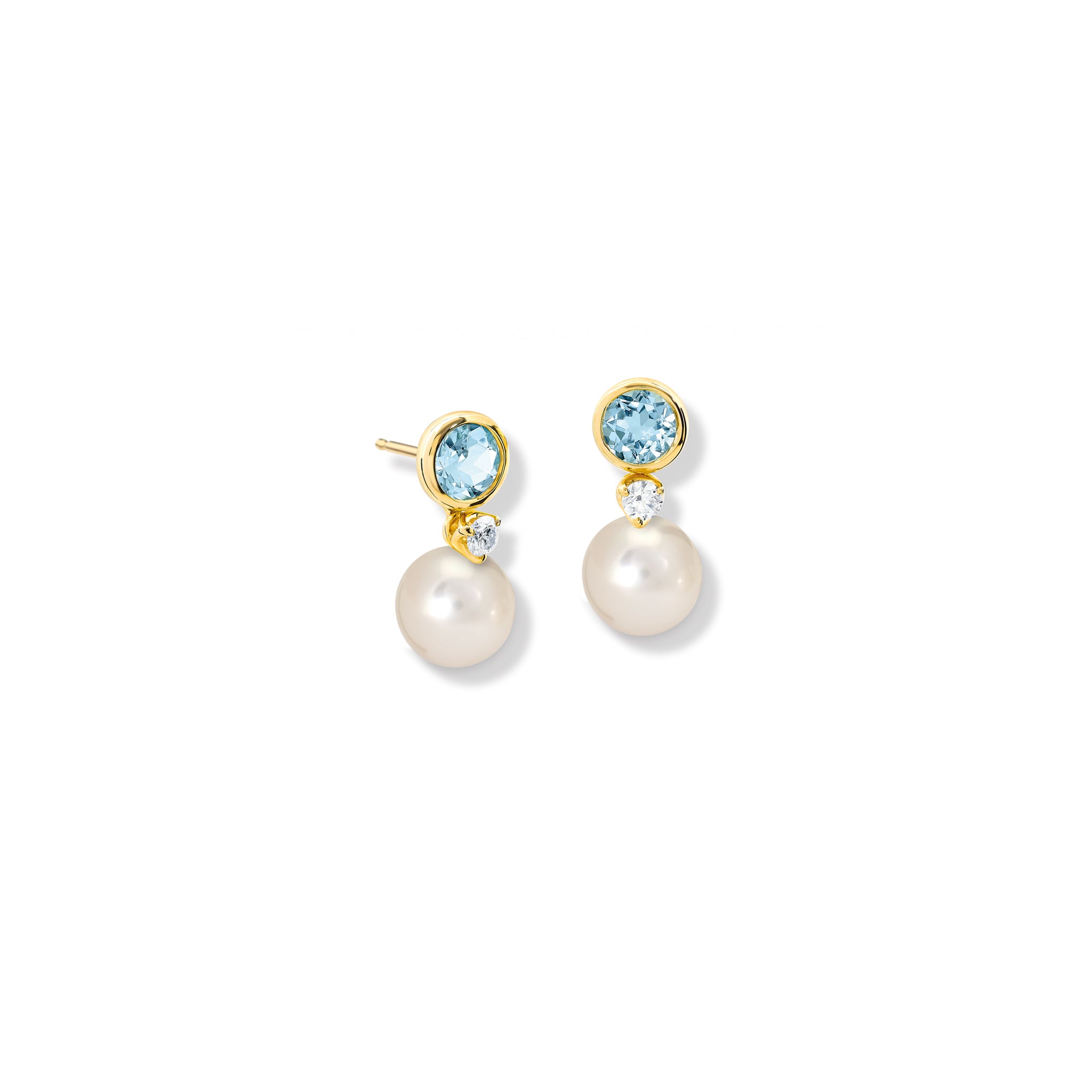 Handcrafted yellow gold halo earring drops with a pearl and diamond.