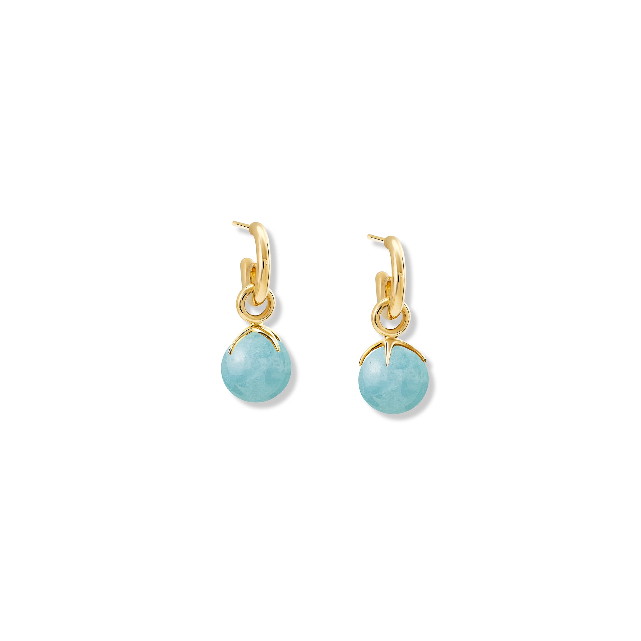 Handcrafted yellow gold earring drops with  round aquamarine beads, birthstone of March.
