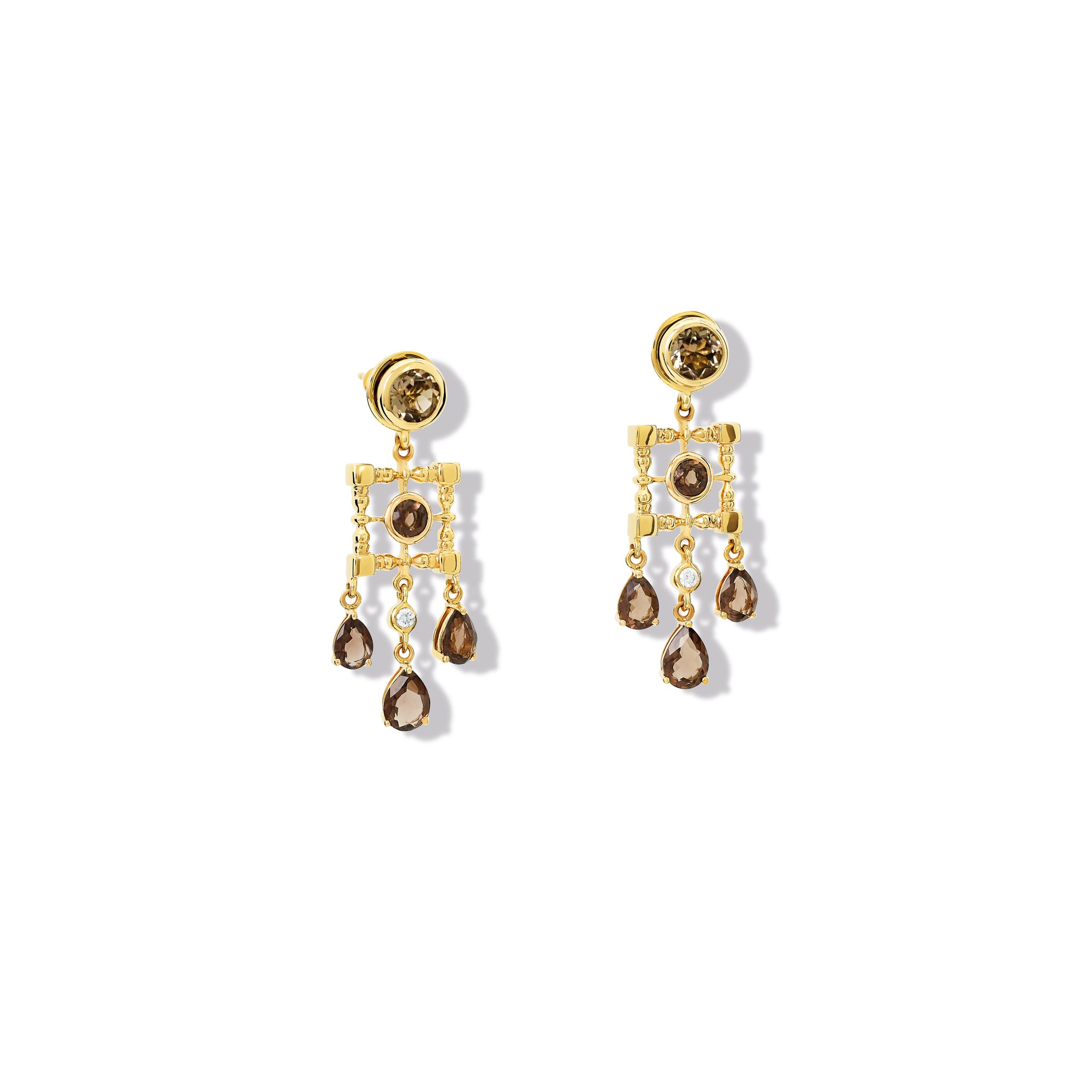 Handcrafted yellow gold halo earring drops featuring drops of smoky quartz and diamond.