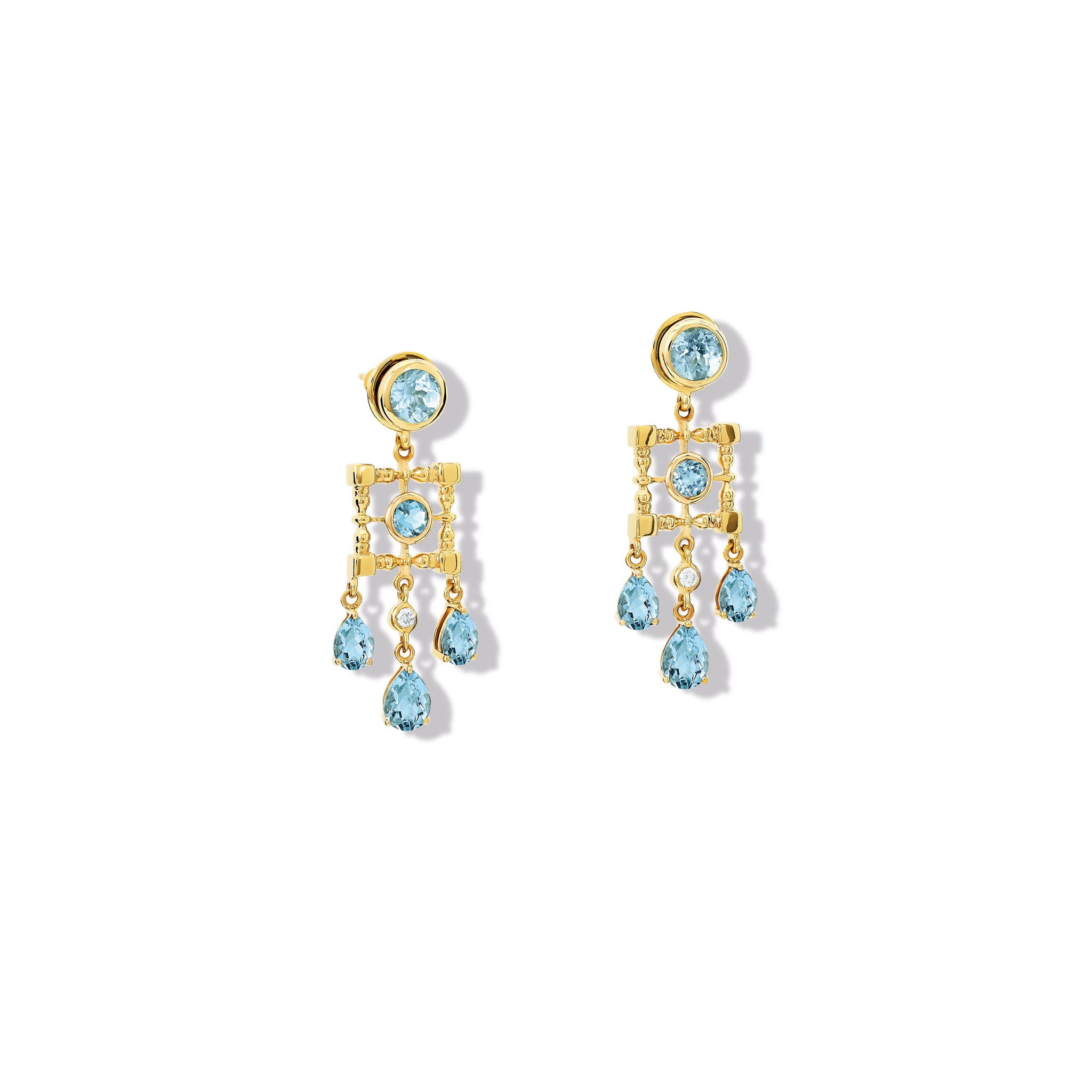 Handcrafted yellow gold halo earring drops featuring drops of blue topaz and diamond.