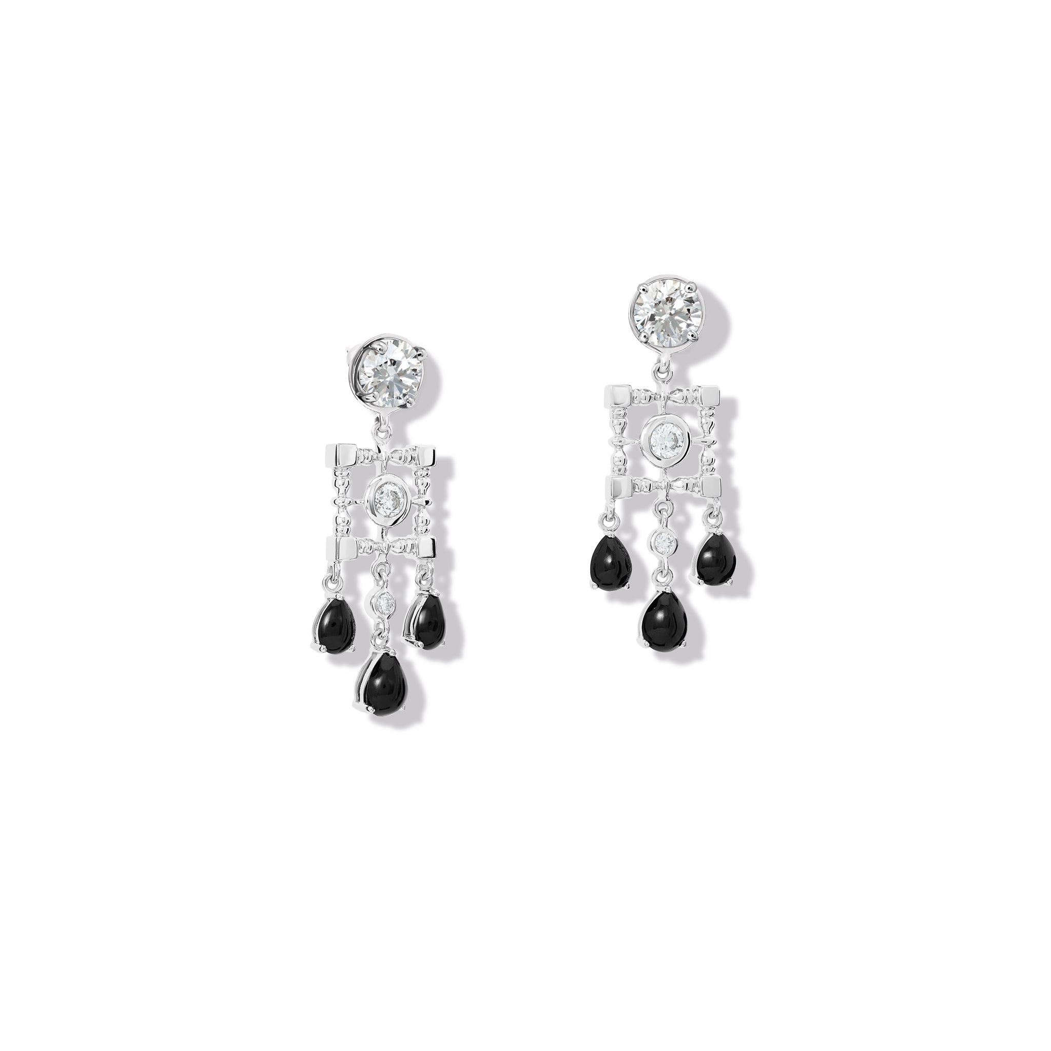 Handcrafted 18ct white gold halo earring drops featuring drops of black jade and diamond.