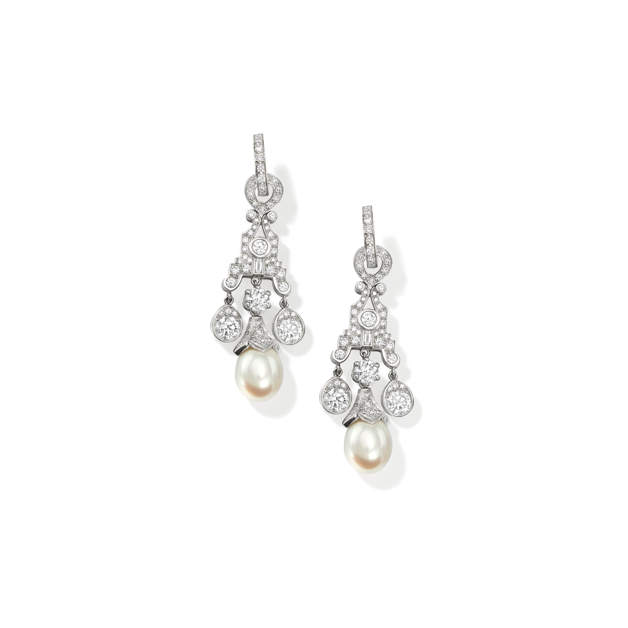 Handcrafted 18ct white gold earring drops featuring a teardrop shape with diamonds and a pearl at the bottom.