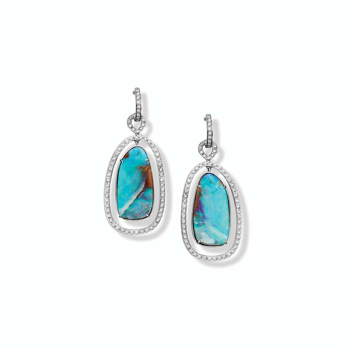 Handcrafted earring drops featuring opals in the centre surrounded by diamond pavé.